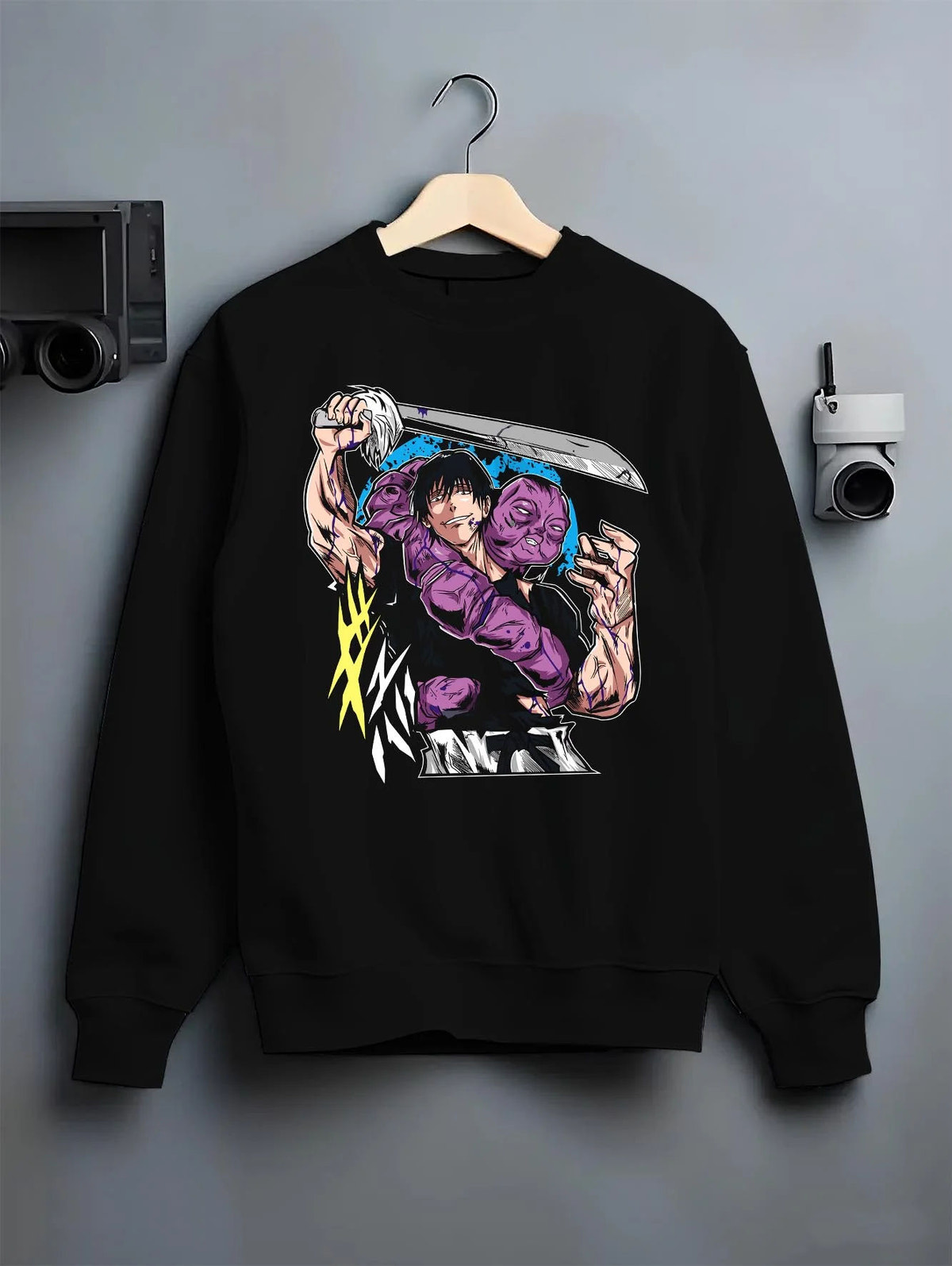 Black crewneck sweatshirt on hanger featuring Toji Fushiguro blue blade battle Jujutsu Kaisen artwork.