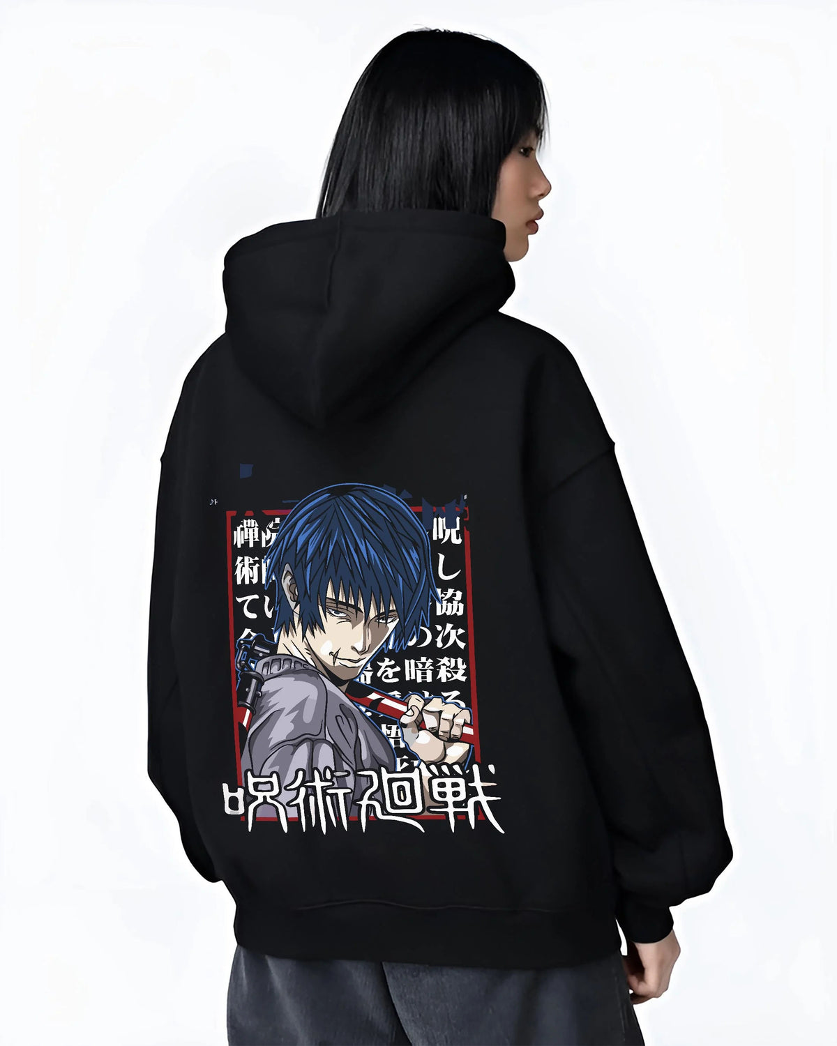 Black hoodie worn by female model from the back featuring Toji Fushiguro chain weapon battle Jujutsu Kaisen artwork.