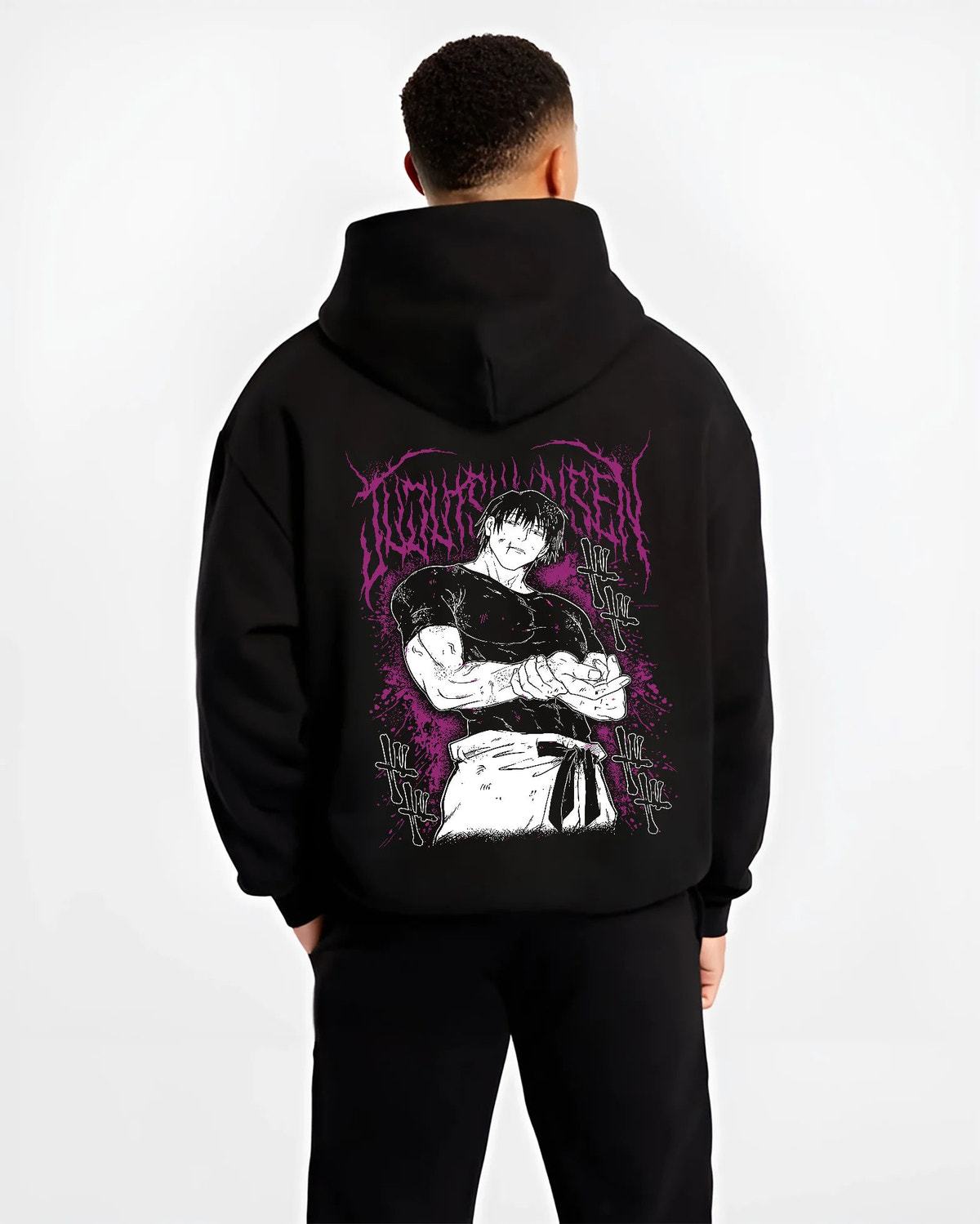 Black hoodie model back view showing Toji Fushiguro from Jujutsu Kaisen: combat stance