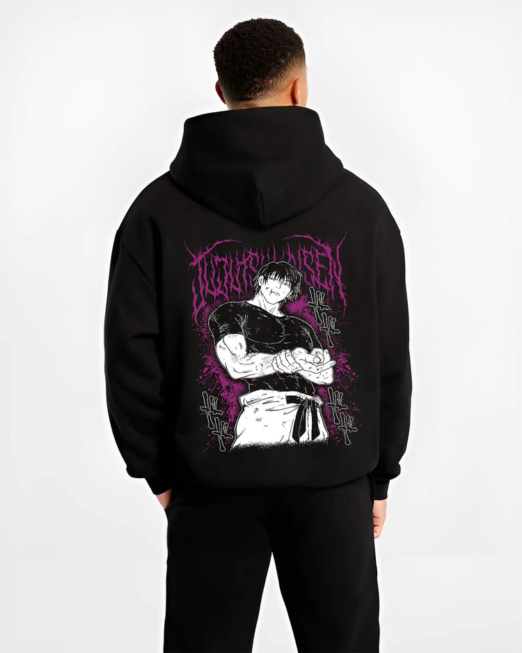 Black hoodie model back view showing Toji Fushiguro from Jujutsu Kaisen: combat stance