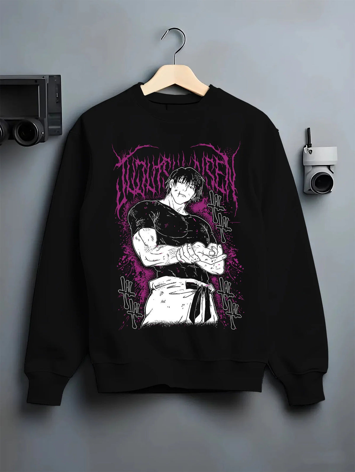 Black crewneck sweatshirt on hanger showing Toji Fushiguro from Jujutsu Kaisen: combat stance
