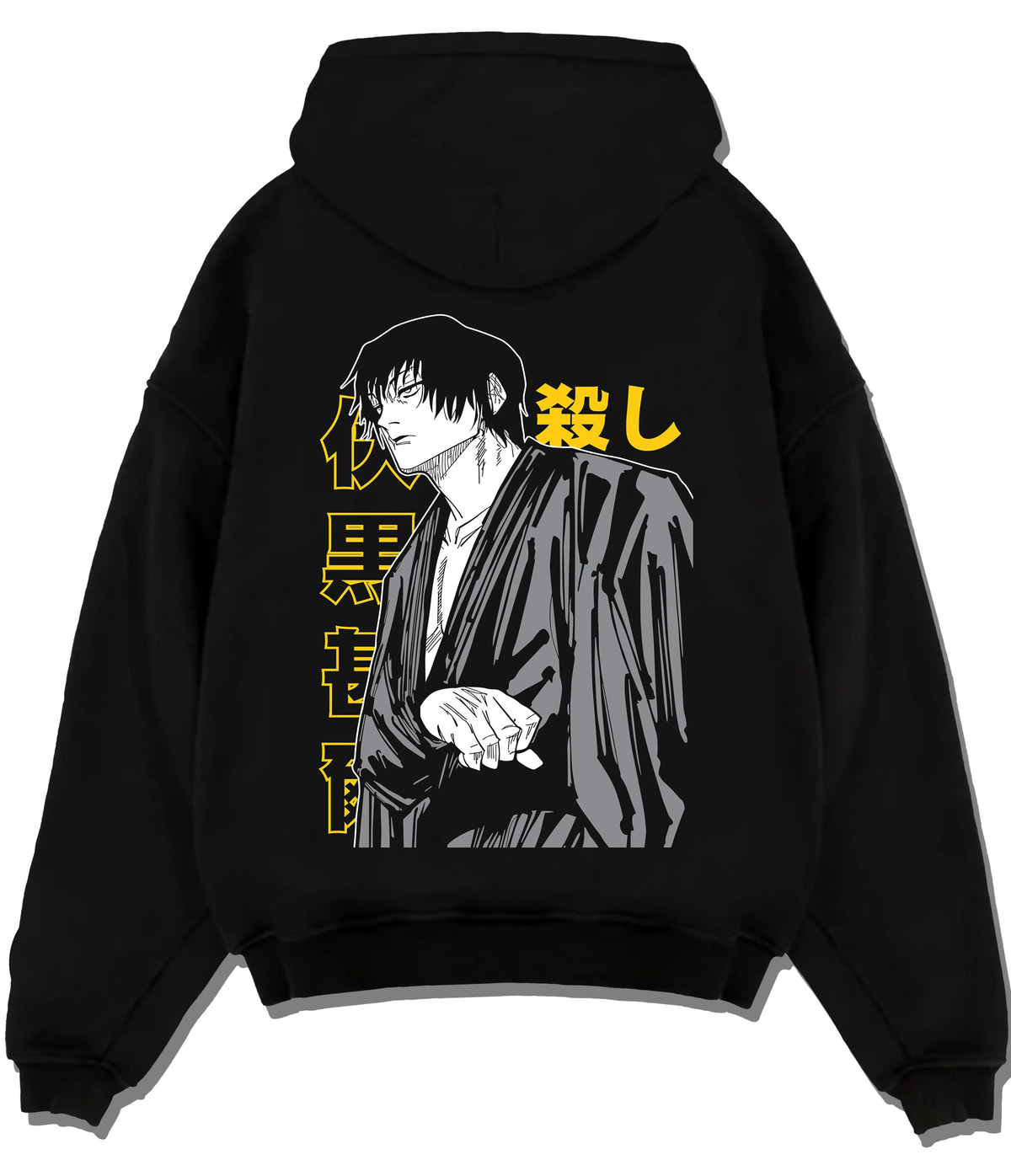 Black hoodie flat back view showing Toji Fushiguro from Jujutsu Kaisen: dark robe portrait