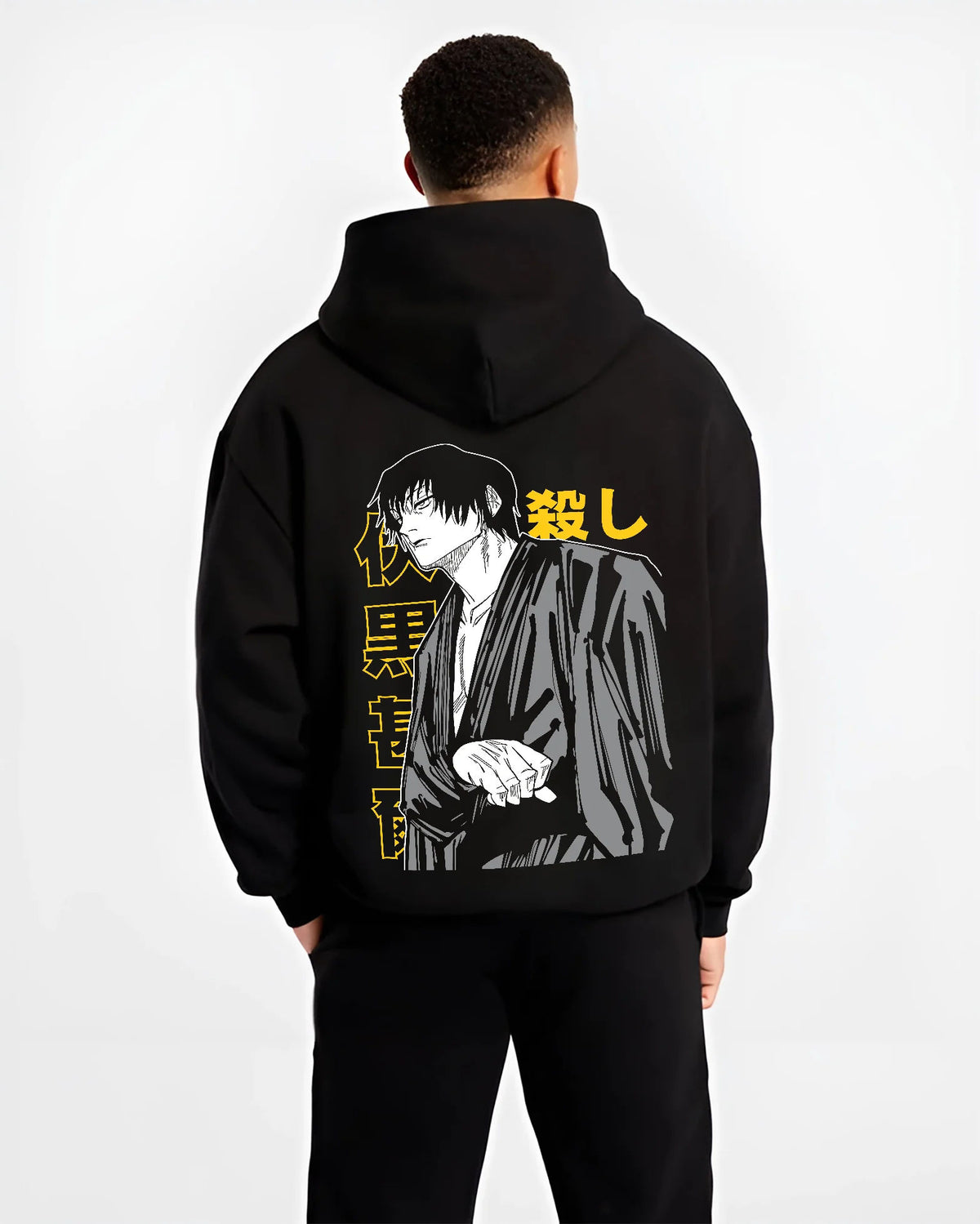 Black hoodie model back view showing Toji Fushiguro from Jujutsu Kaisen: dark robe portrait