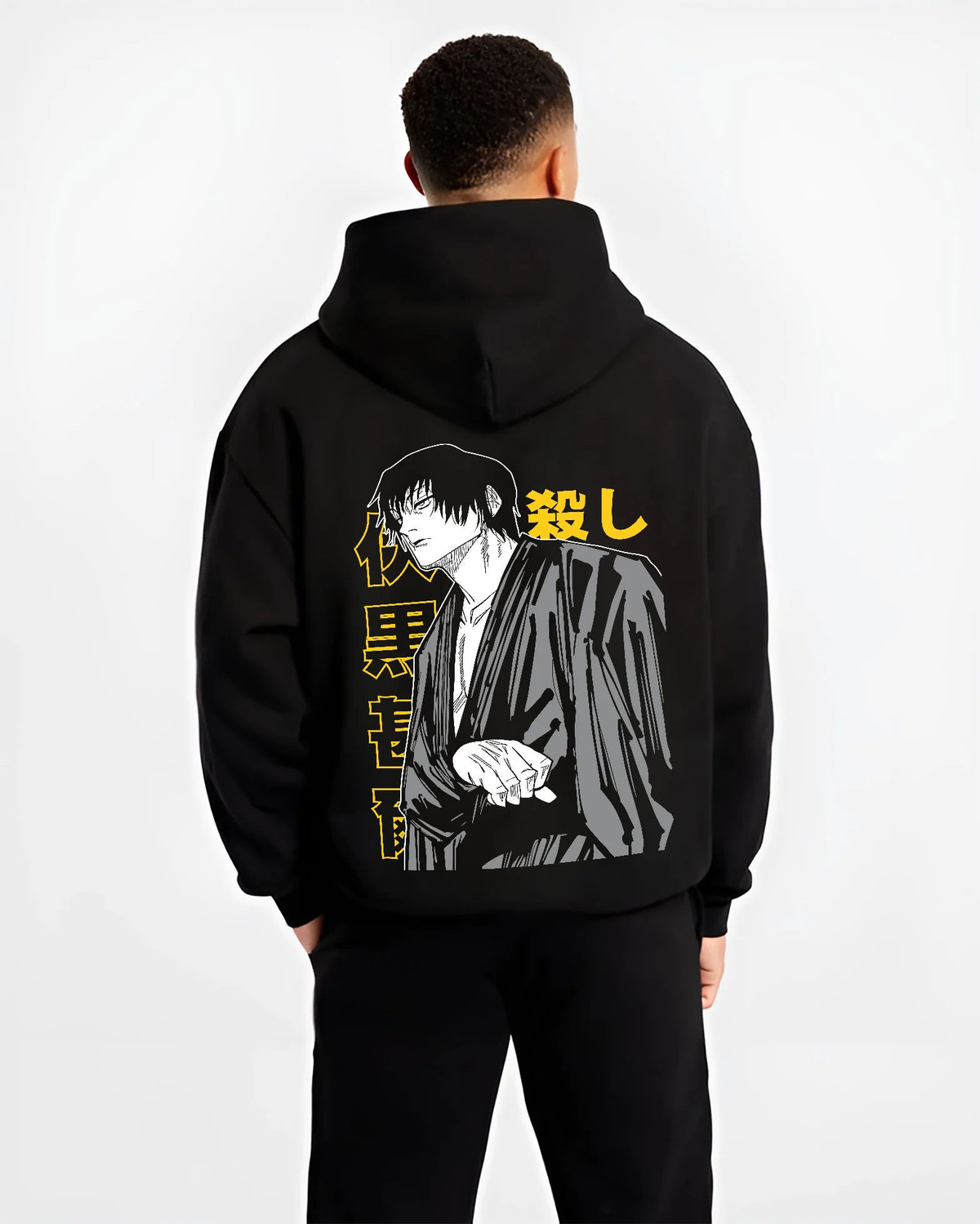 Black hoodie model back view showing Toji Fushiguro from Jujutsu Kaisen: dark robe portrait
