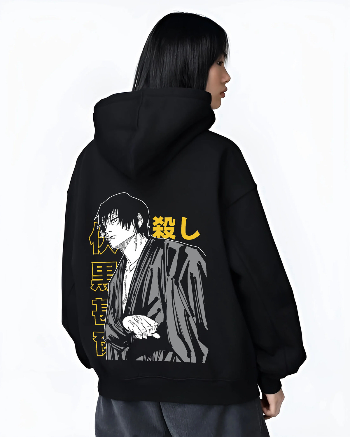 Black hoodie female model back view showing Toji Fushiguro from Jujutsu Kaisen: dark robe portrait