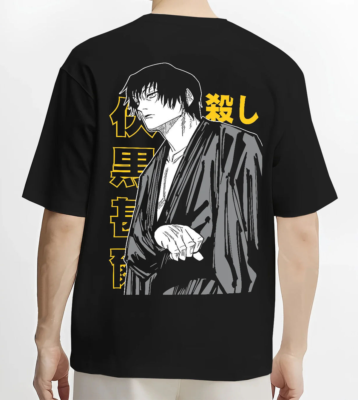 Black T-shirt model back view showing Toji Fushiguro from Jujutsu Kaisen: dark robe portrait