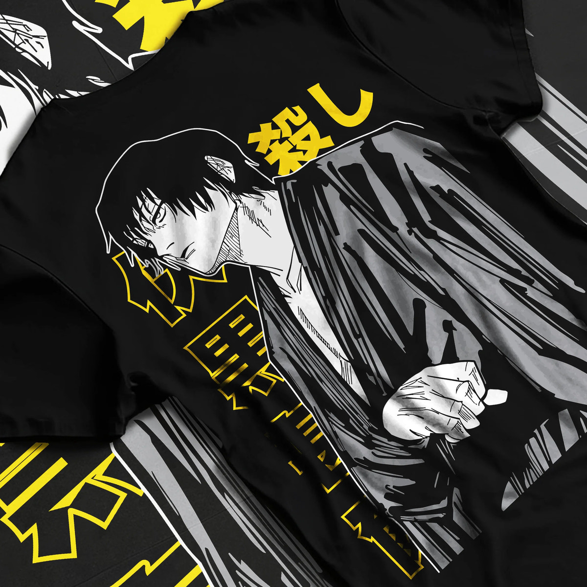 Black T-shirt flat back view showing Toji Fushiguro from Jujutsu Kaisen: dark robe portrait