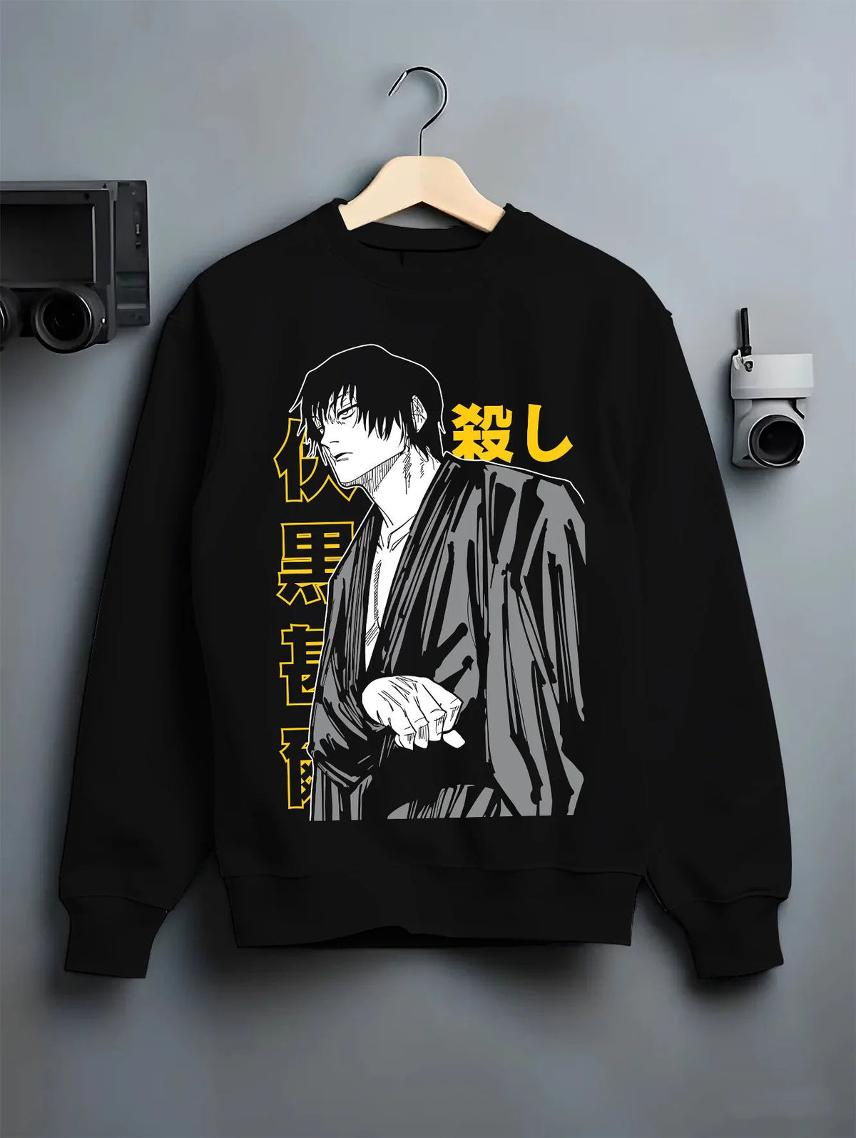 Black crewneck sweatshirt on hanger showing Toji Fushiguro from Jujutsu Kaisen: dark robe portrait