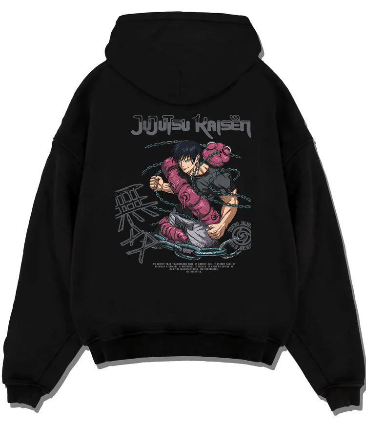 Black hoodie flat back view showing Toji Fushiguro from Jujutsu Kaisen: crouched purple cursed tool