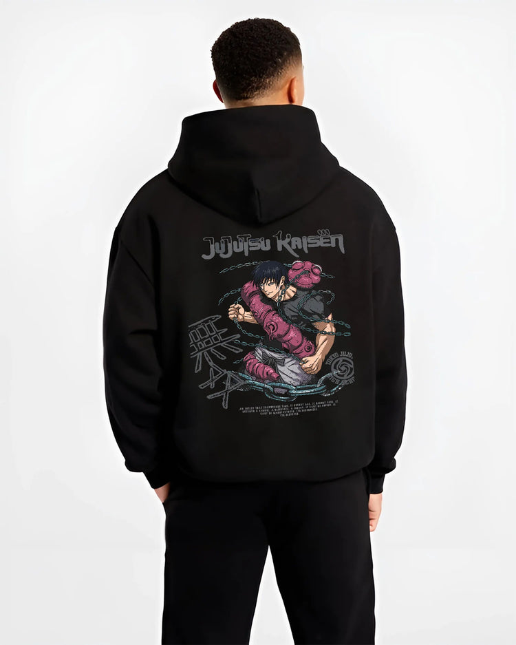 Black hoodie model back view showing Toji Fushiguro from Jujutsu Kaisen: crouched purple cursed tool