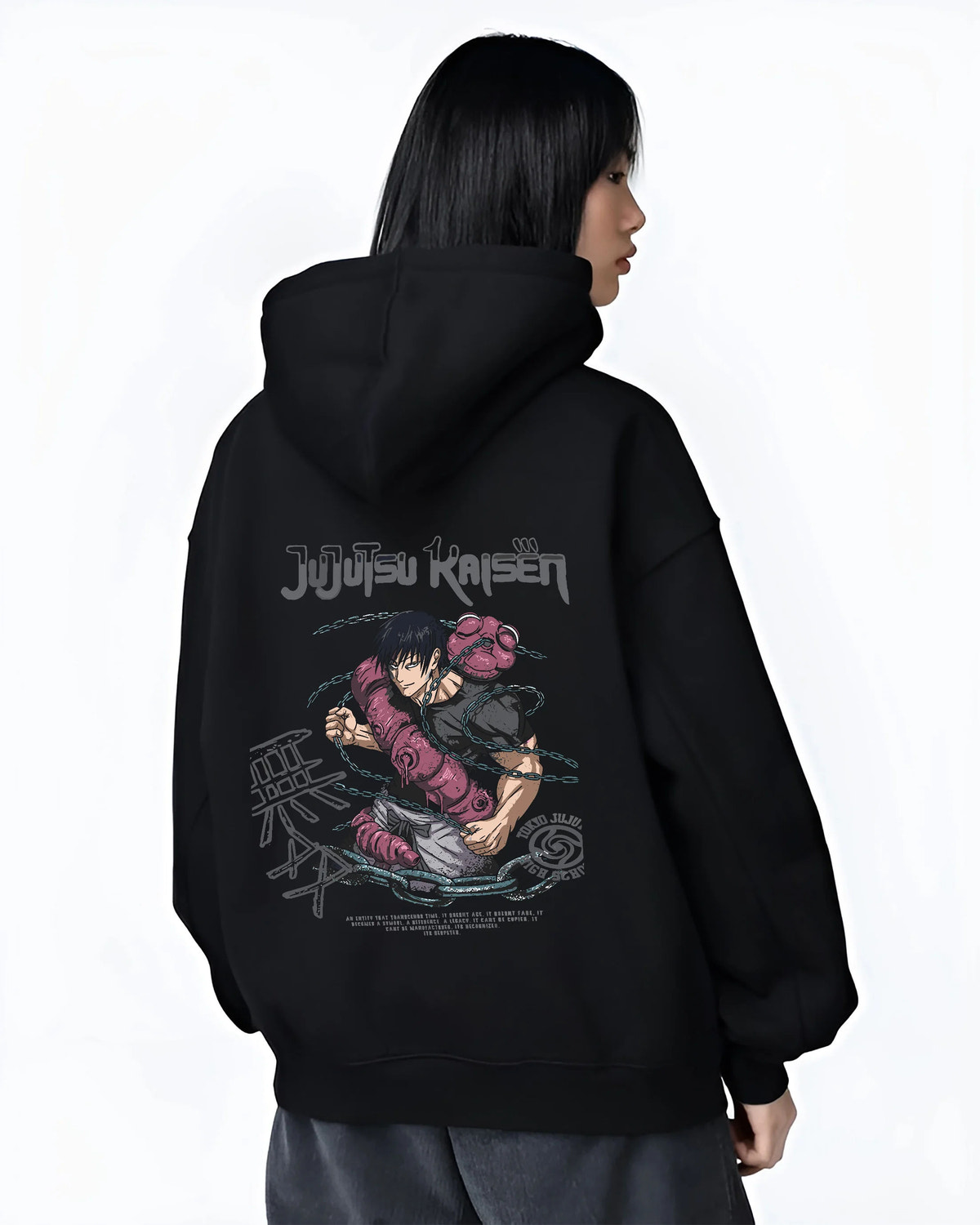 Black hoodie female model back view showing Toji Fushiguro from Jujutsu Kaisen: crouched purple cursed tool