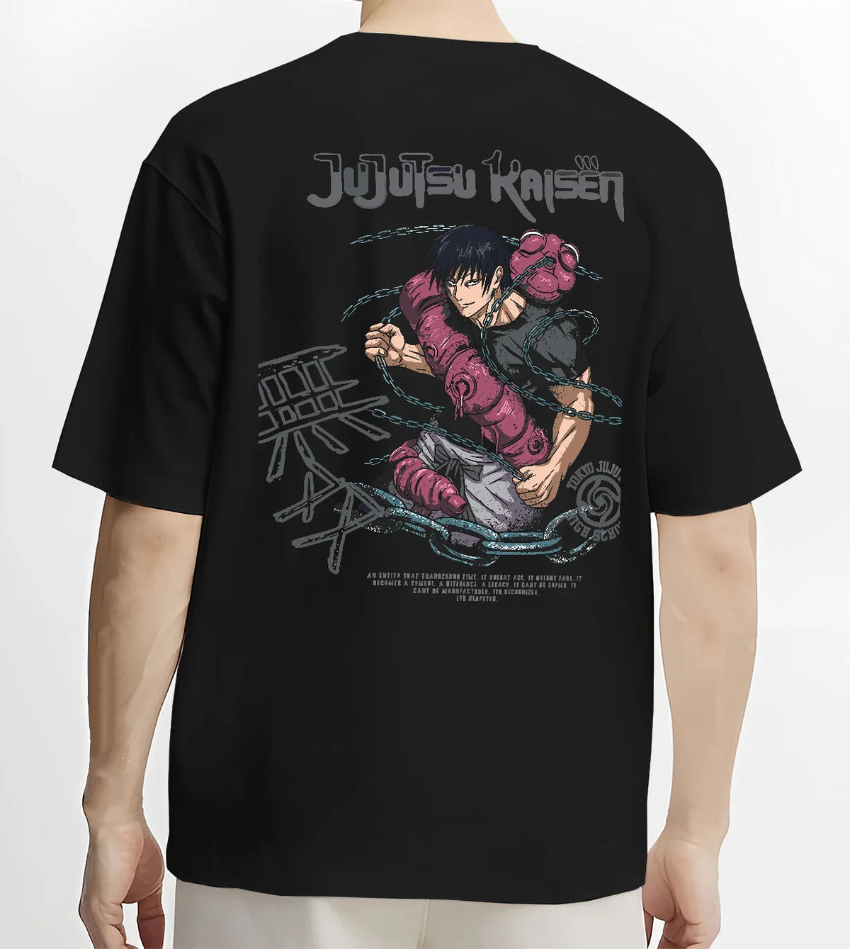 Black T-shirt model back view showing Toji Fushiguro from Jujutsu Kaisen: crouched purple cursed tool