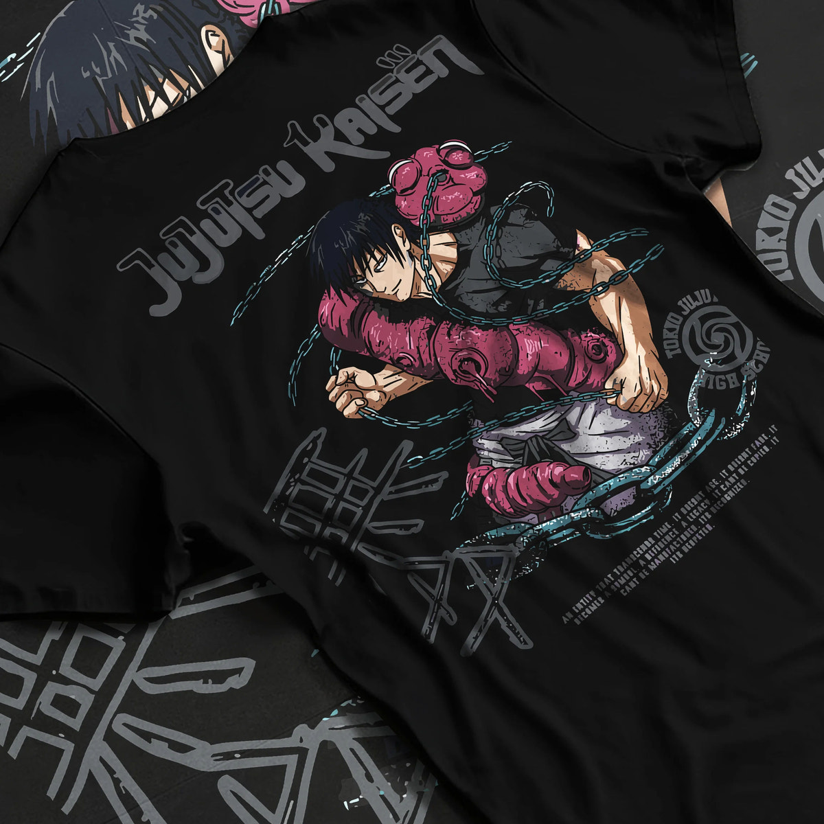 Black T-shirt flat back view showing Toji Fushiguro from Jujutsu Kaisen: crouched purple cursed tool