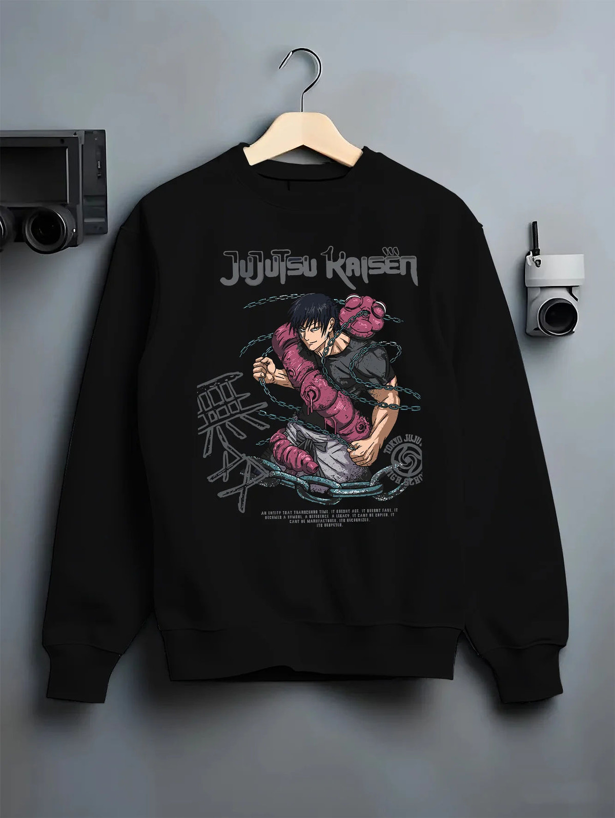 Black crewneck sweatshirt on hanger showing Toji Fushiguro from Jujutsu Kaisen: crouched purple cursed tool