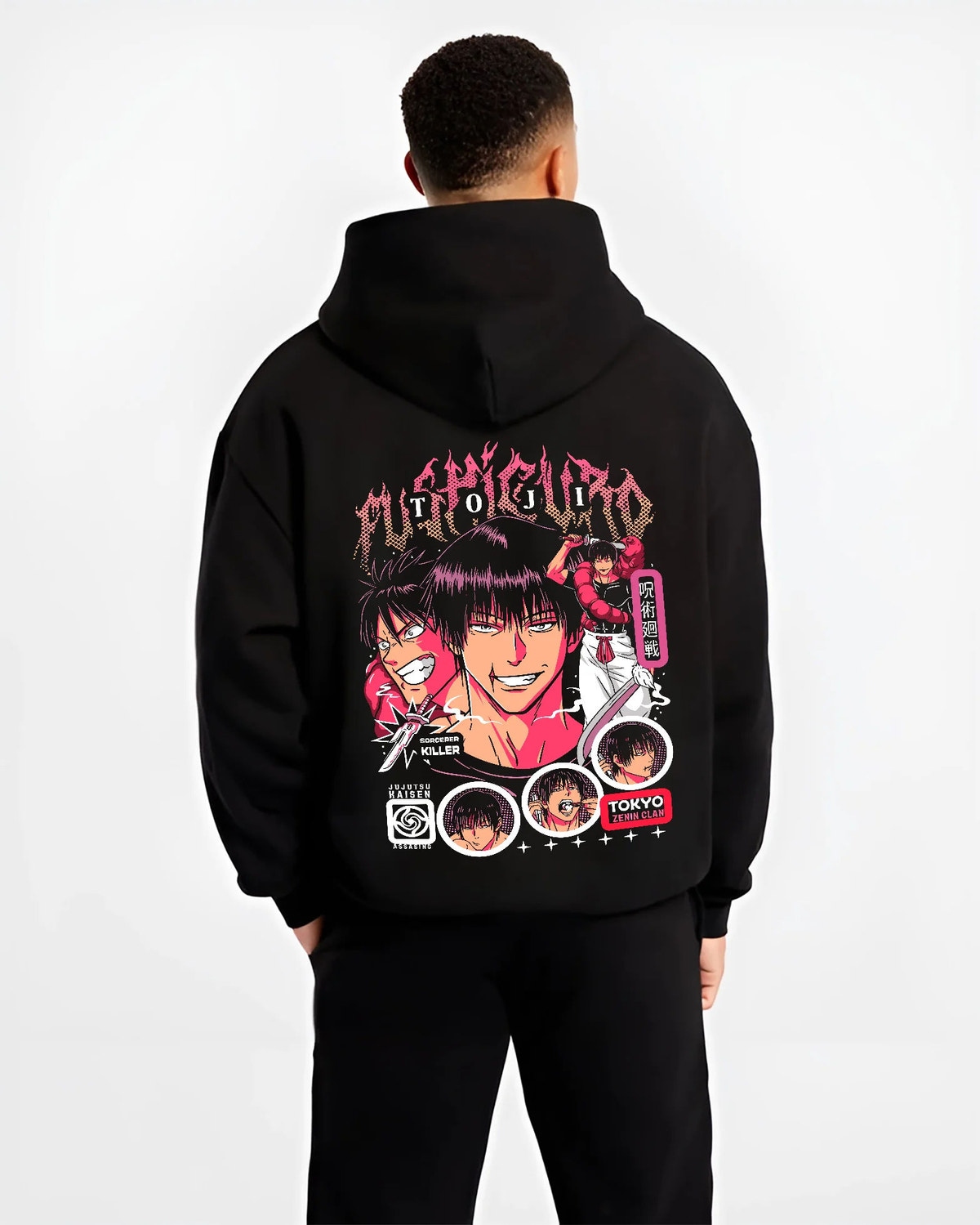 Black hoodie model back view showing Toji Fushiguro from Jujutsu Kaisen: monochrome and magenta portrait