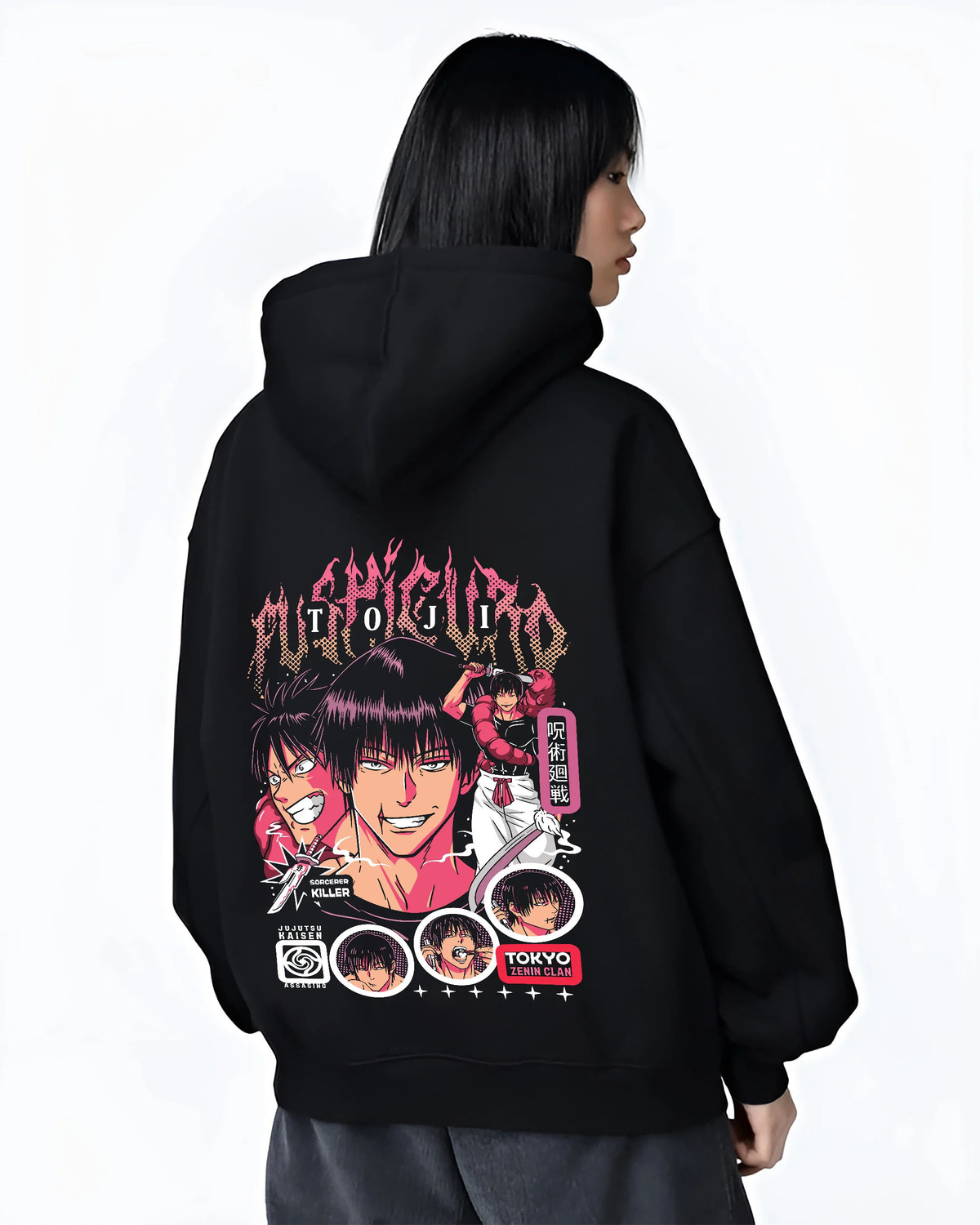 Black hoodie female model back view showing Toji Fushiguro from Jujutsu Kaisen: monochrome and magenta portrait