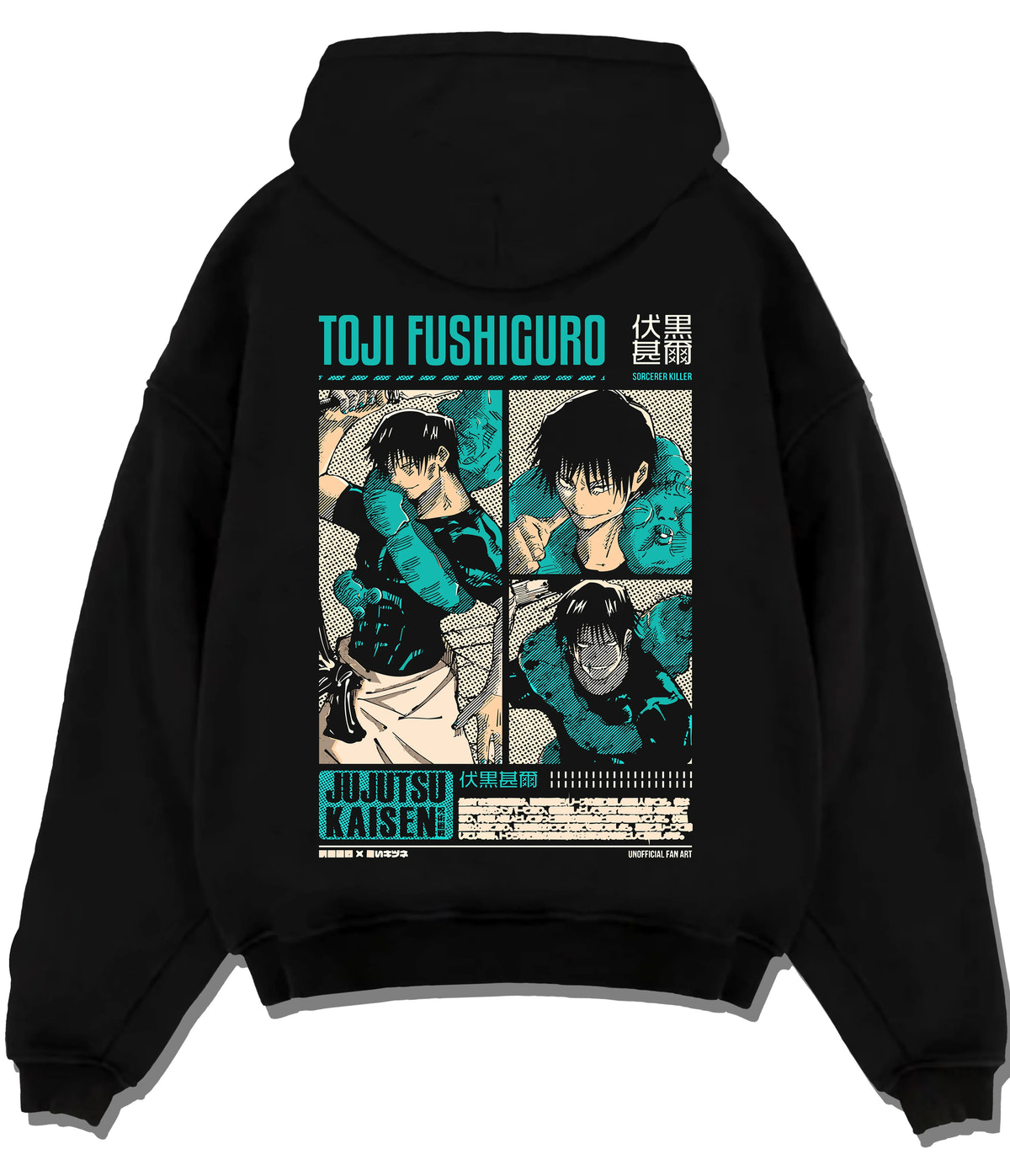 Black hoodie flat back view showing Toji Fushiguro from Jujutsu Kaisen: teal black action collage