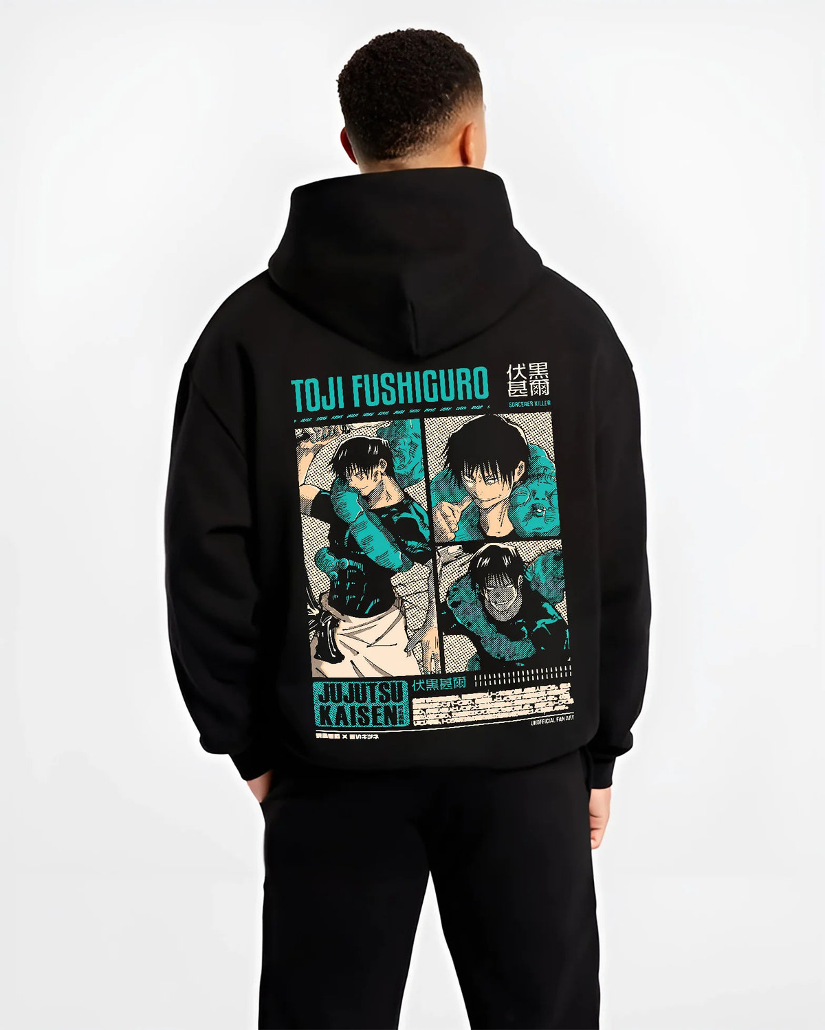 Black hoodie model back view showing Toji Fushiguro from Jujutsu Kaisen: teal black action collage