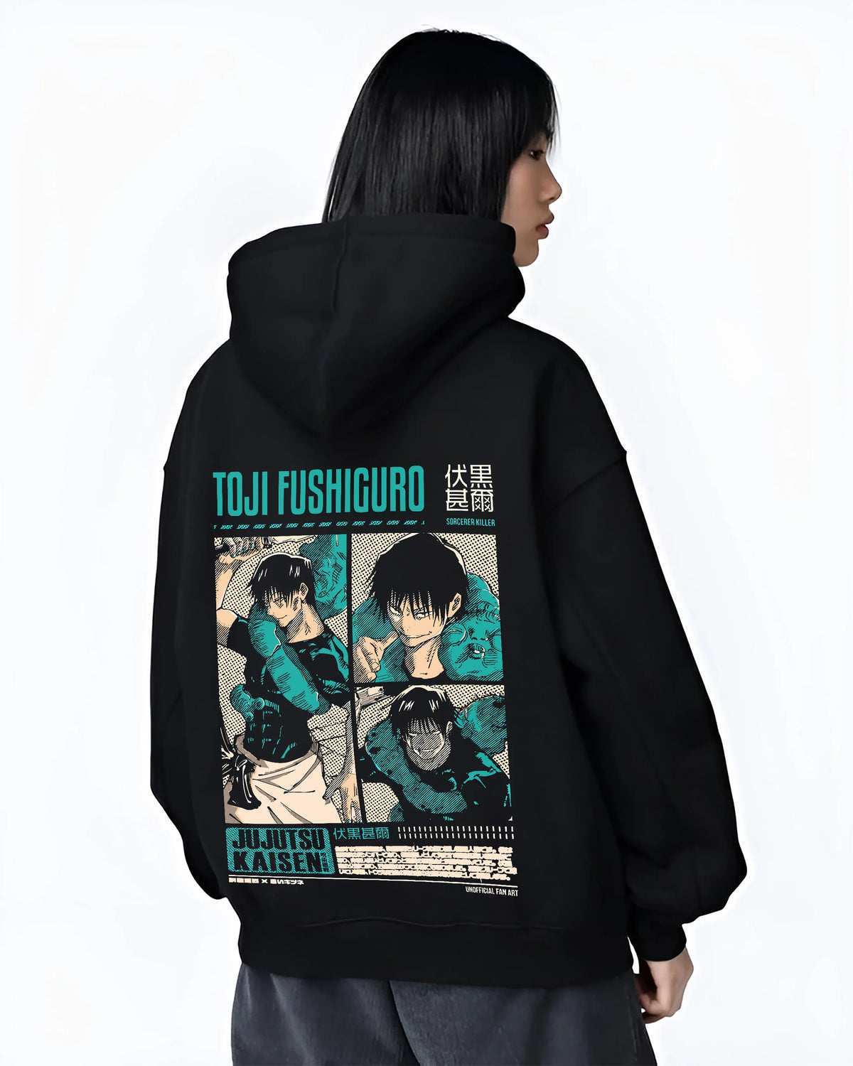 Black hoodie female model back view showing Toji Fushiguro from Jujutsu Kaisen: teal black action collage