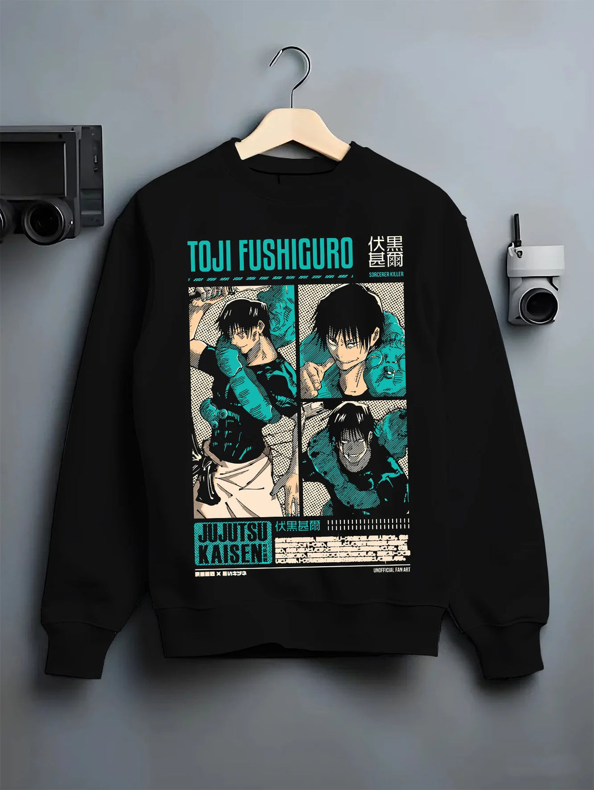 Black crewneck sweatshirt on hanger showing Toji Fushiguro from Jujutsu Kaisen: teal black action collage