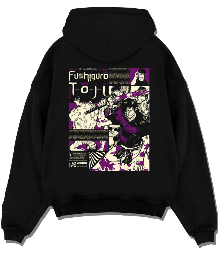 Black hoodie flat back view showing Toji Fushiguro from Jujutsu Kaisen: manga collage