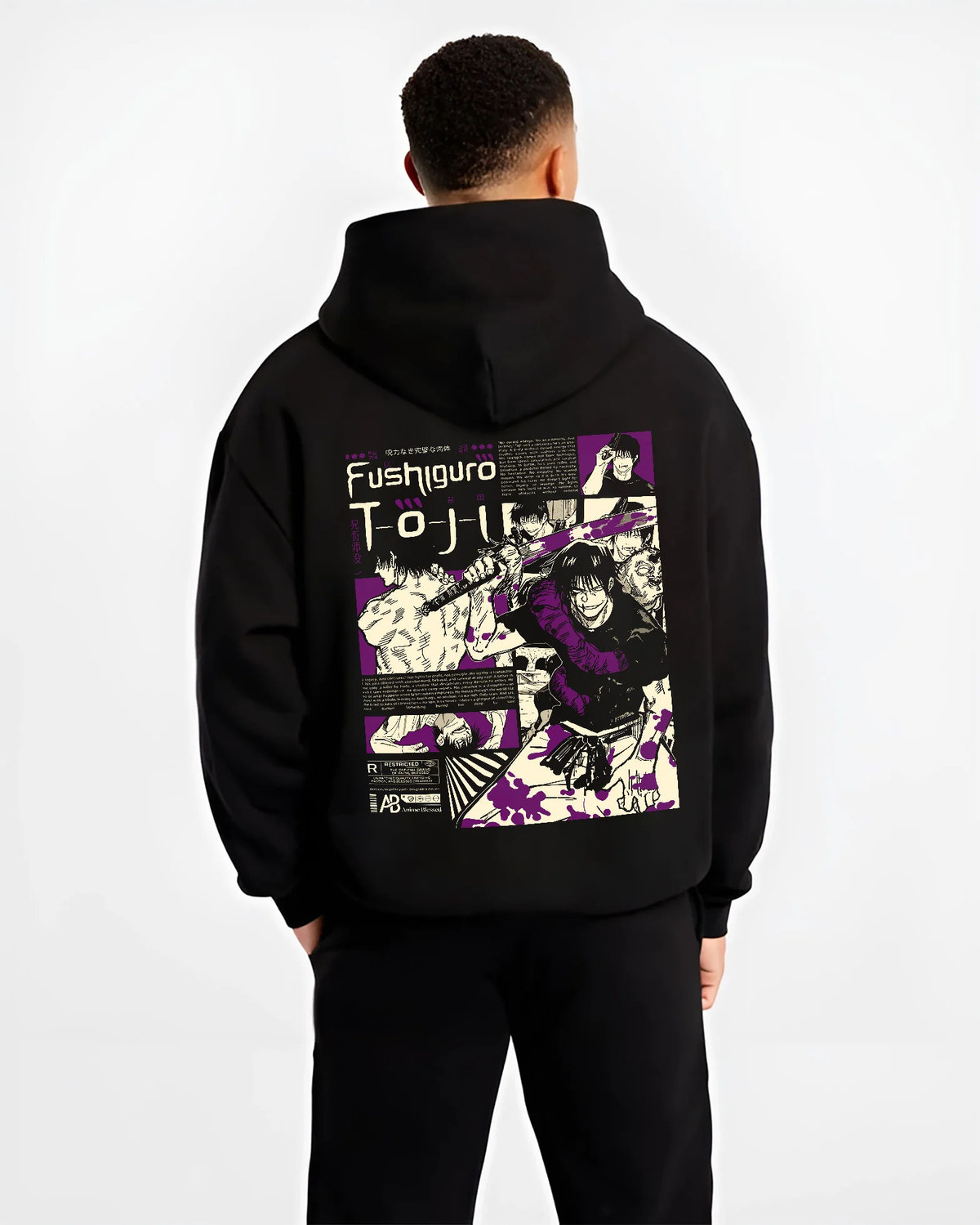 Black hoodie model back view showing Toji Fushiguro from Jujutsu Kaisen: manga collage