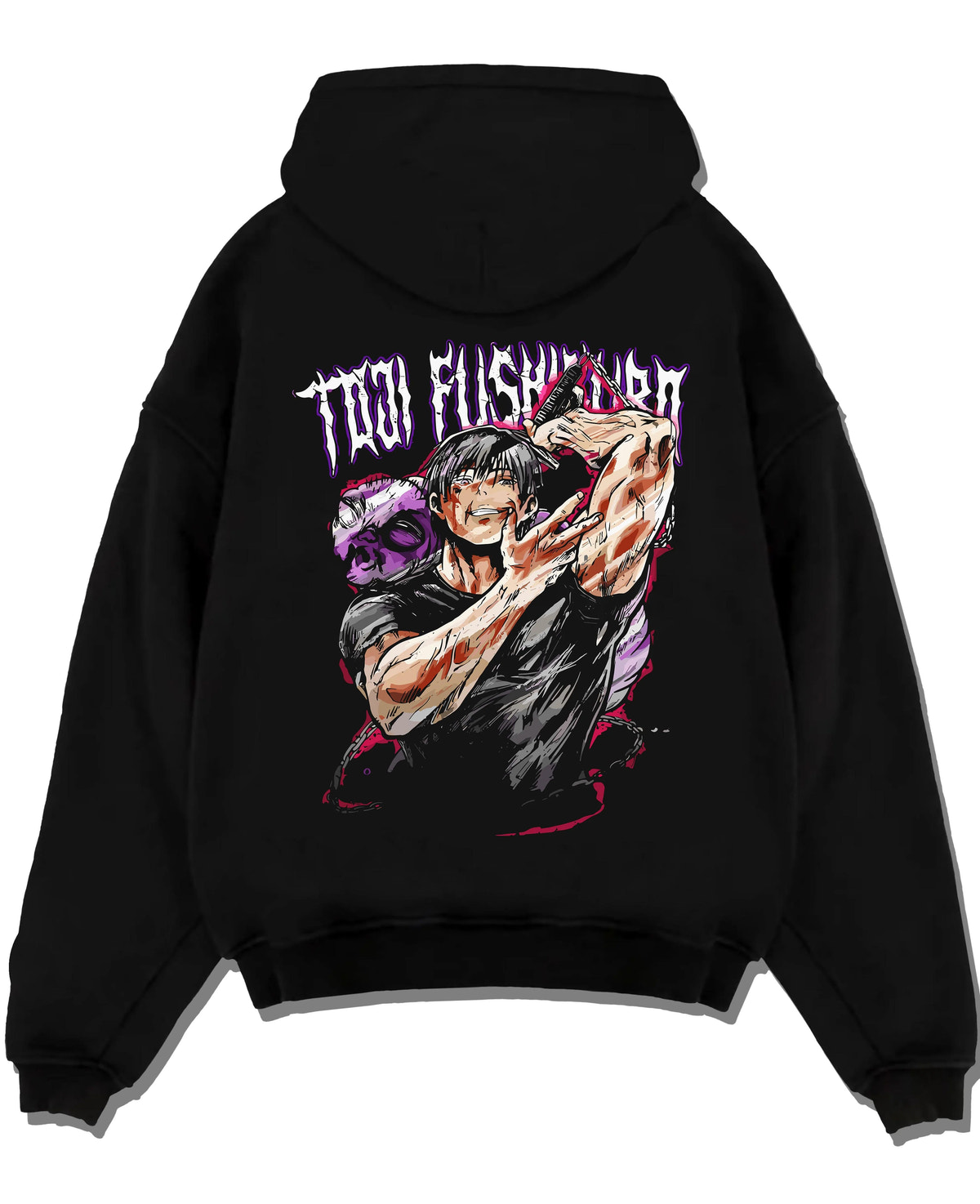 Black hoodie laid flat featuring Toji Fushiguro Inverted Spear battle Jujutsu Kaisen artwork.