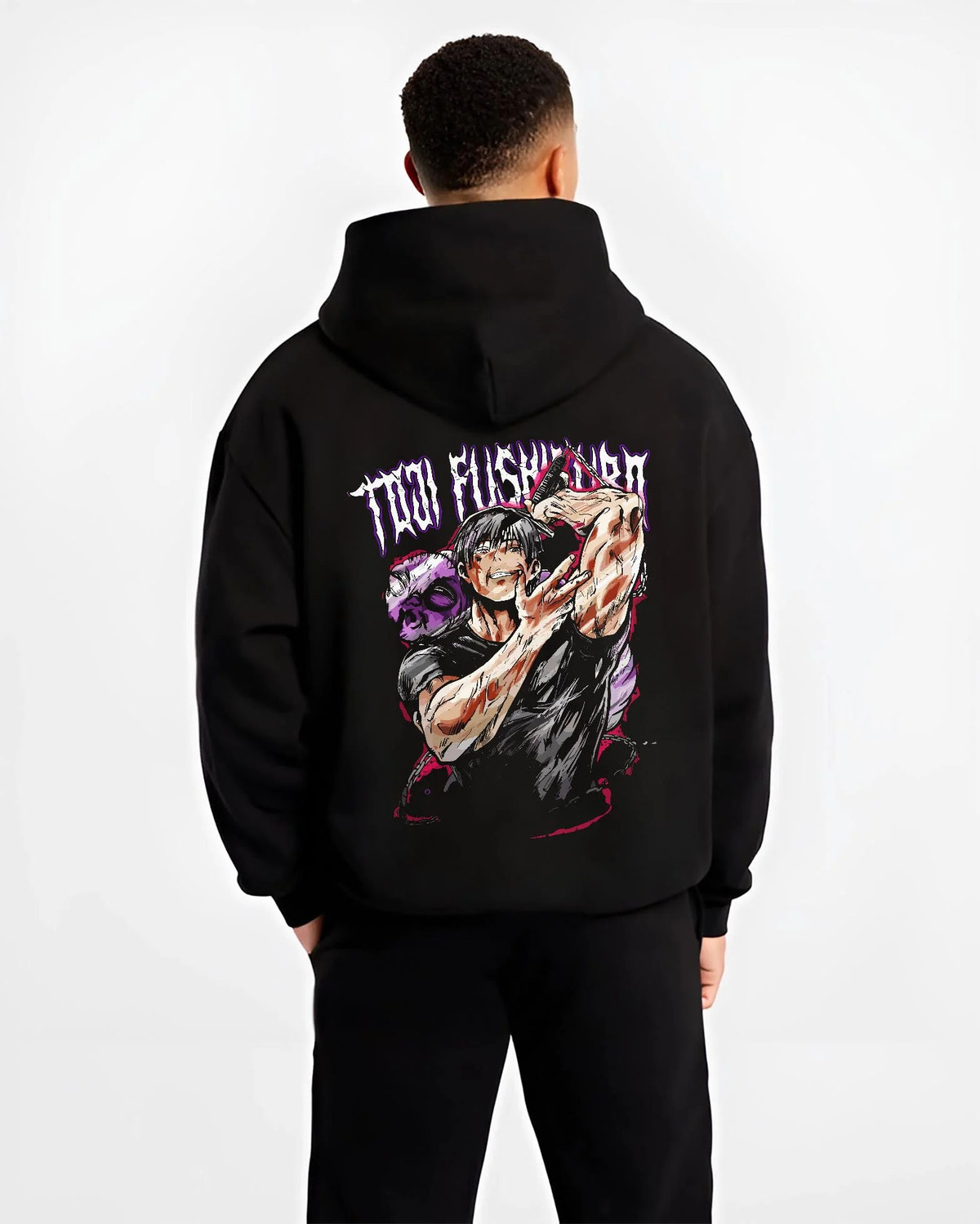 Black hoodie worn by male model from the back featuring Toji Fushiguro Inverted Spear battle Jujutsu Kaisen artwork.