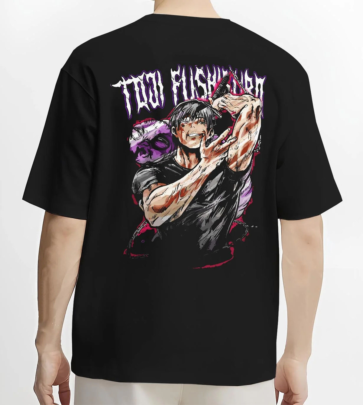 Black T-shirt worn by male model from the back featuring Toji Fushiguro Inverted Spear battle Jujutsu Kaisen artwork.