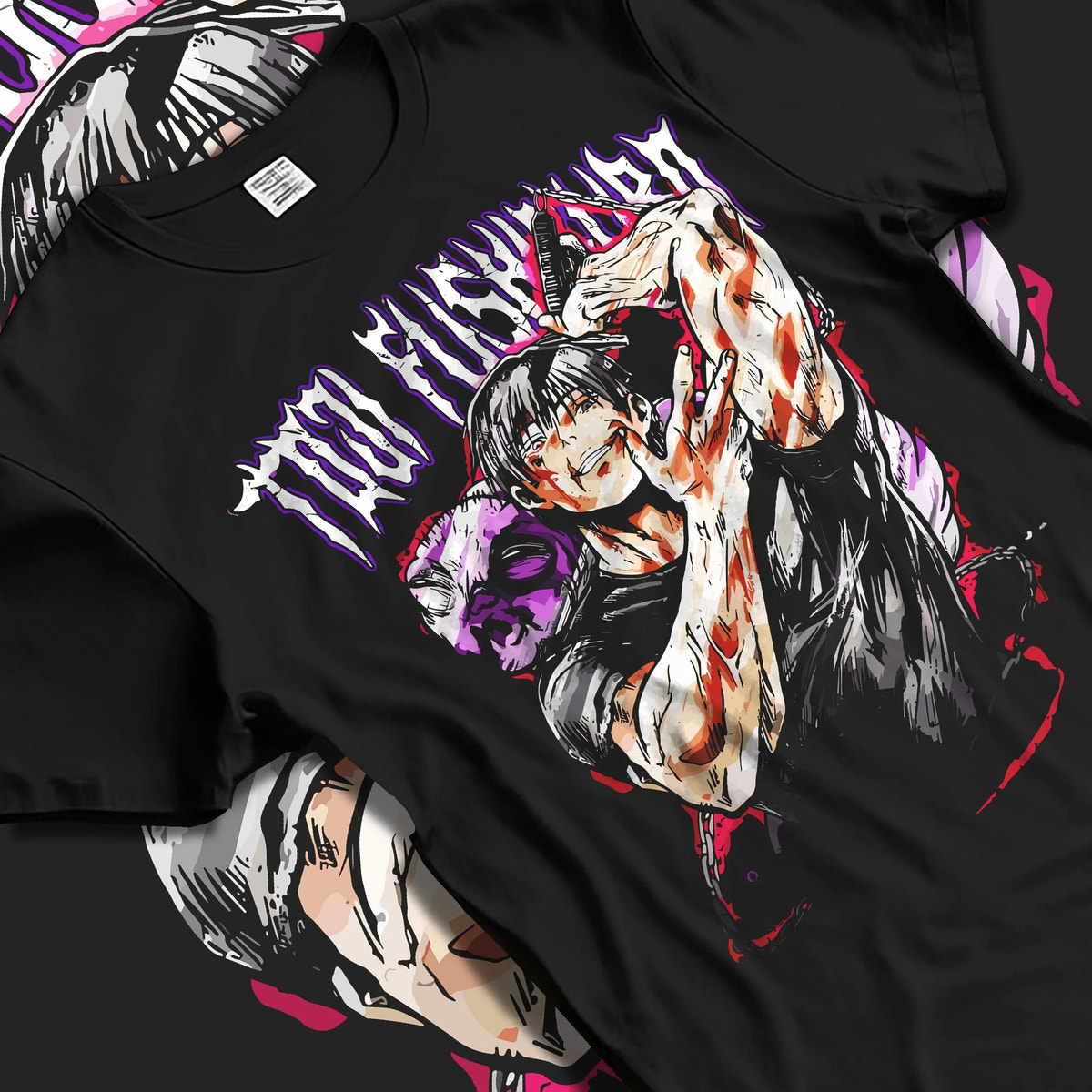 Black T-shirt laid flat with natural folds featuring Toji Fushiguro Inverted Spear battle Jujutsu Kaisen artwork.
