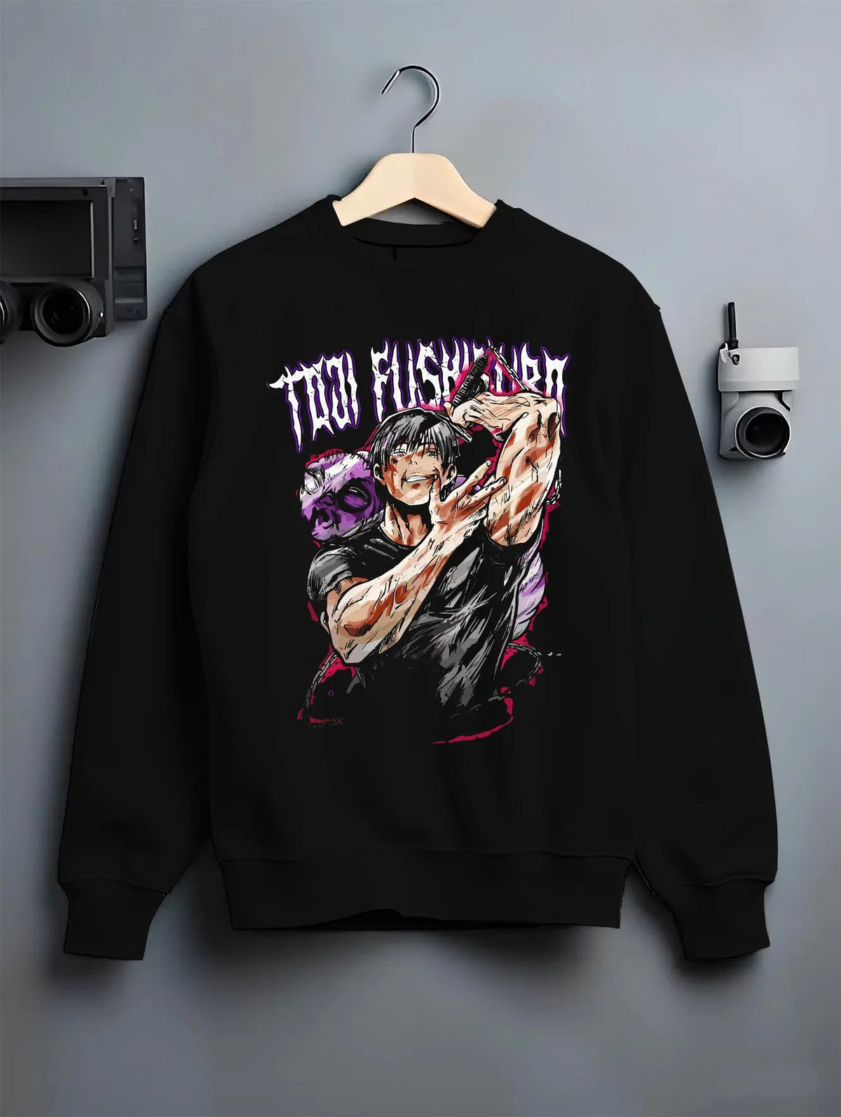 Black crewneck sweatshirt on hanger featuring Toji Fushiguro Inverted Spear battle Jujutsu Kaisen artwork.