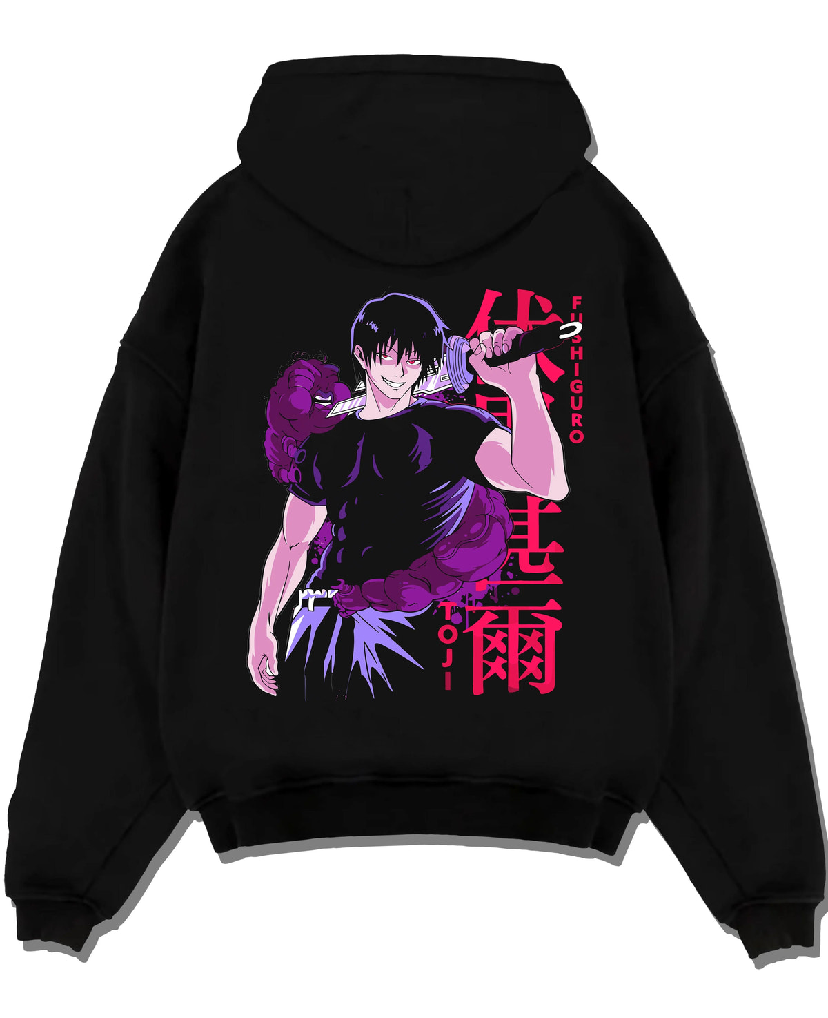 Black hoodie laid flat featuring Toji Fushiguro Playful Cloud battle Jujutsu Kaisen artwork.