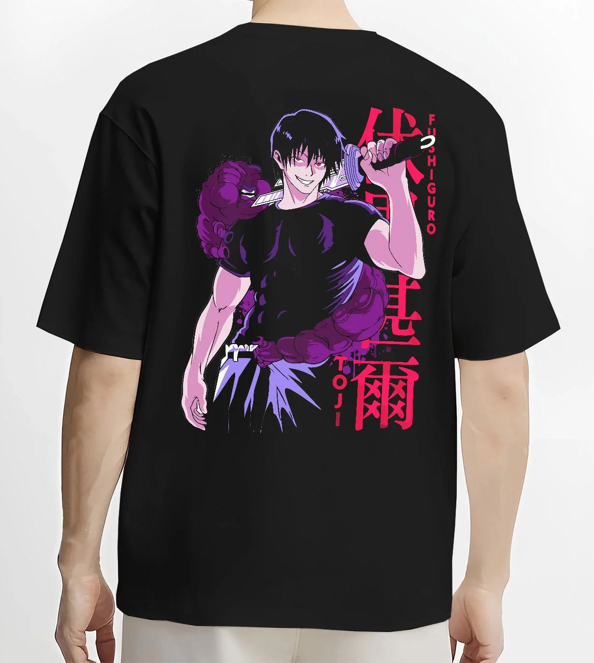 Black T-shirt worn by male model from the back featuring Toji Fushiguro Playful Cloud battle Jujutsu Kaisen artwork.