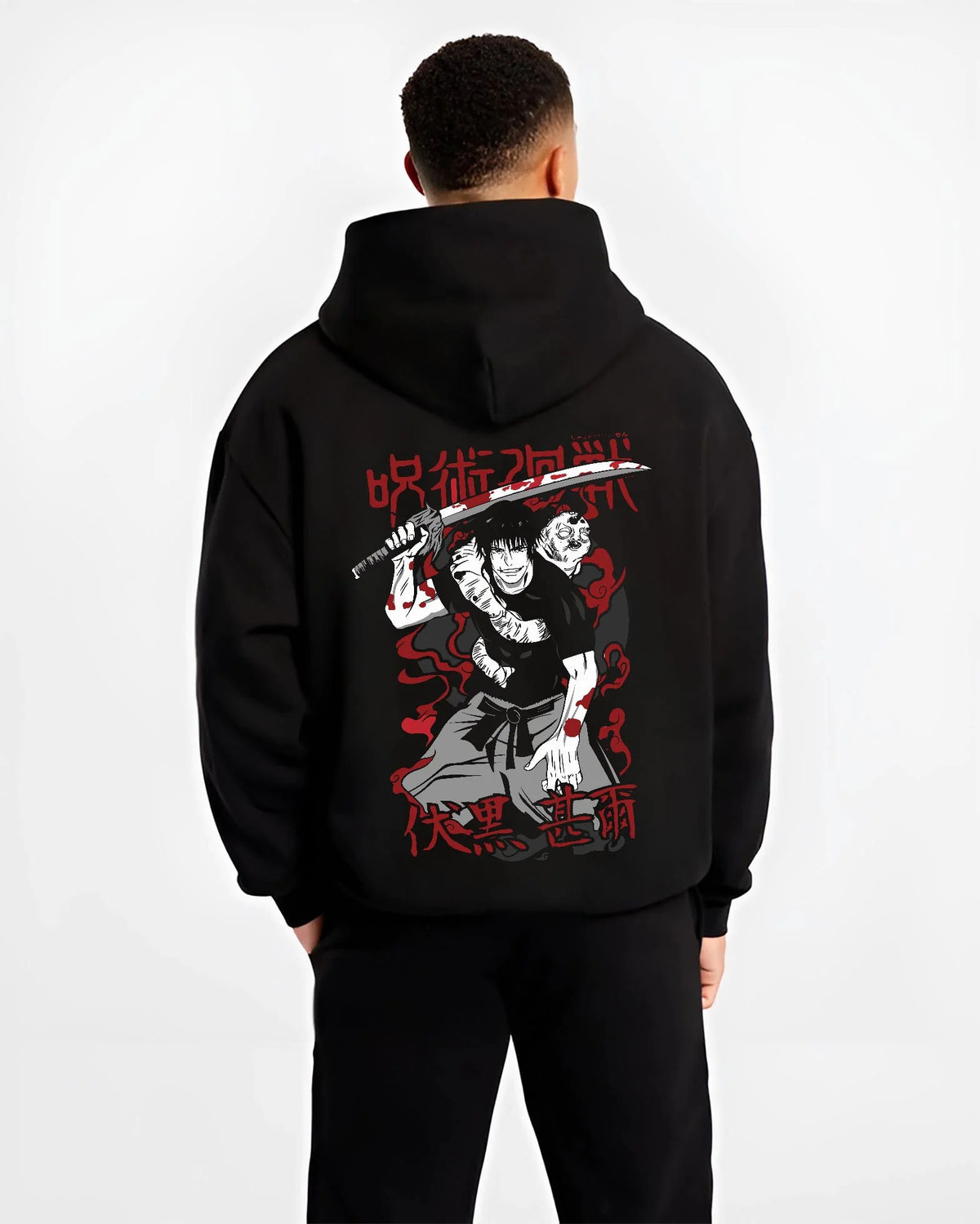 Black hoodie worn by male model from the back featuring Toji Fushiguro Sorcerer Killer portrait Jujutsu Kaisen artwork.