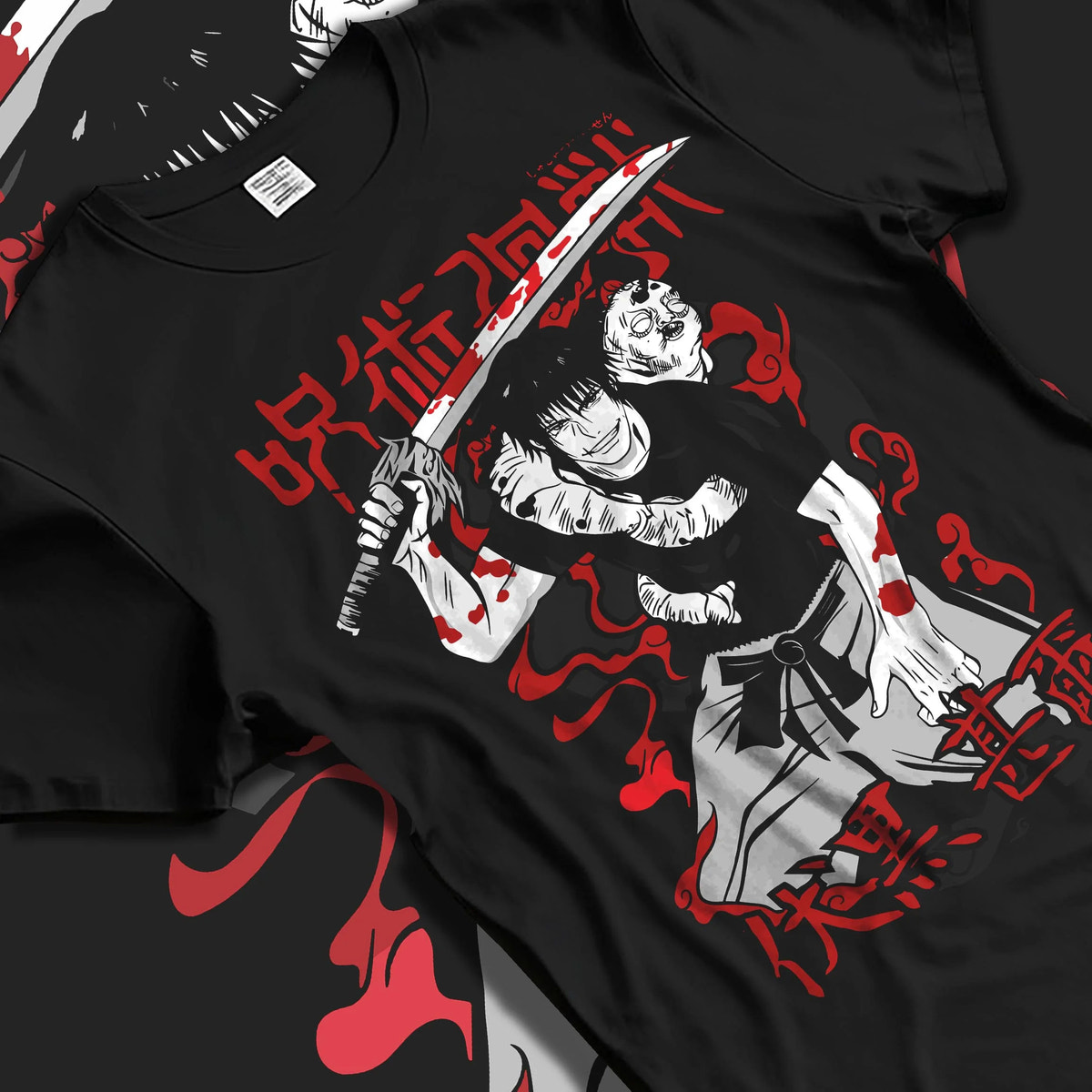 Black T-shirt laid flat with natural folds featuring Toji Fushiguro Sorcerer Killer portrait Jujutsu Kaisen artwork.