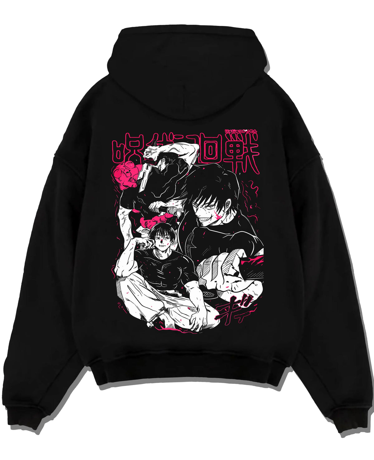 Black hoodie laid flat featuring Toji Fushiguro white outfit battle Jujutsu Kaisen artwork.