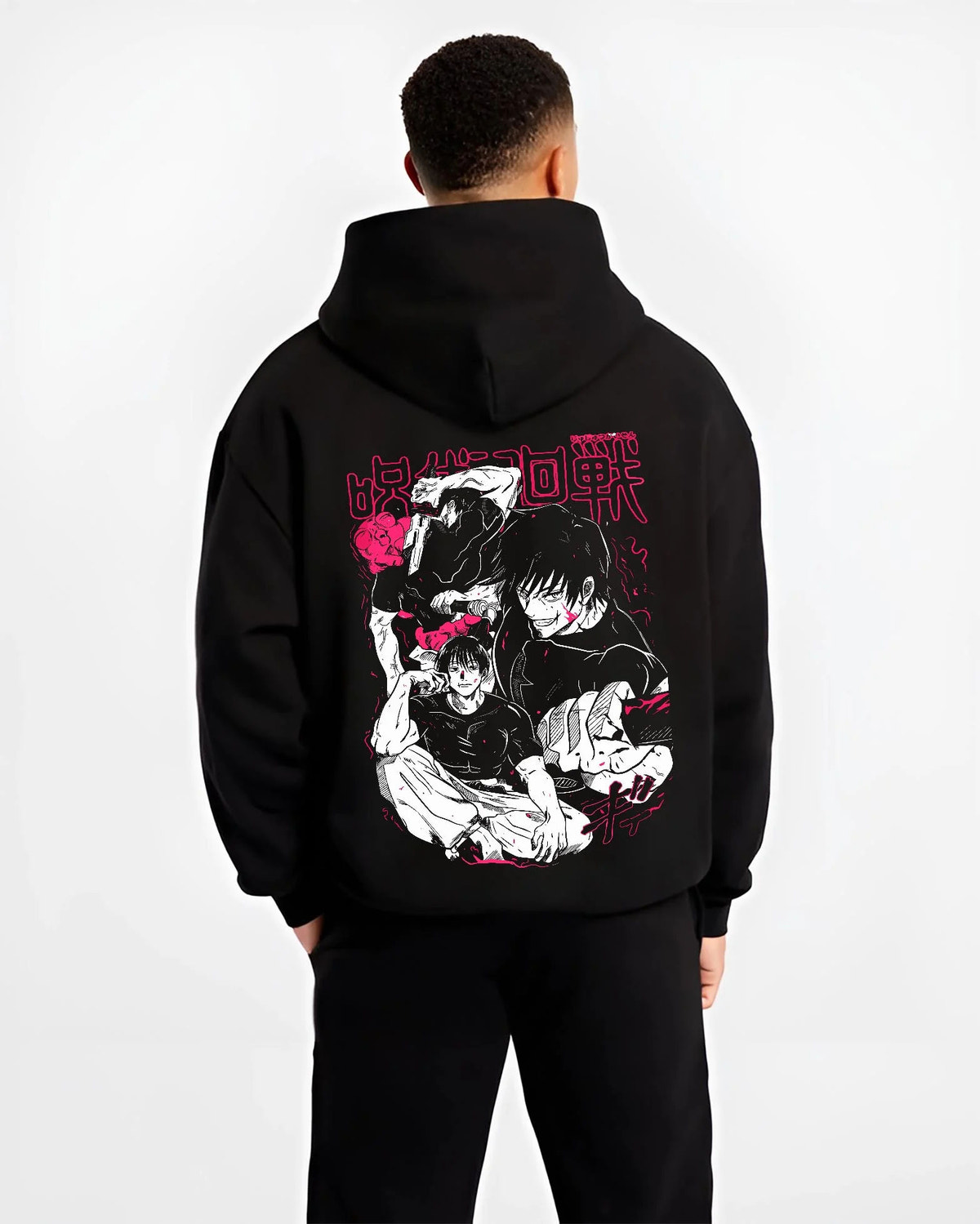 Black hoodie worn by male model from the back featuring Toji Fushiguro white outfit battle Jujutsu Kaisen artwork.