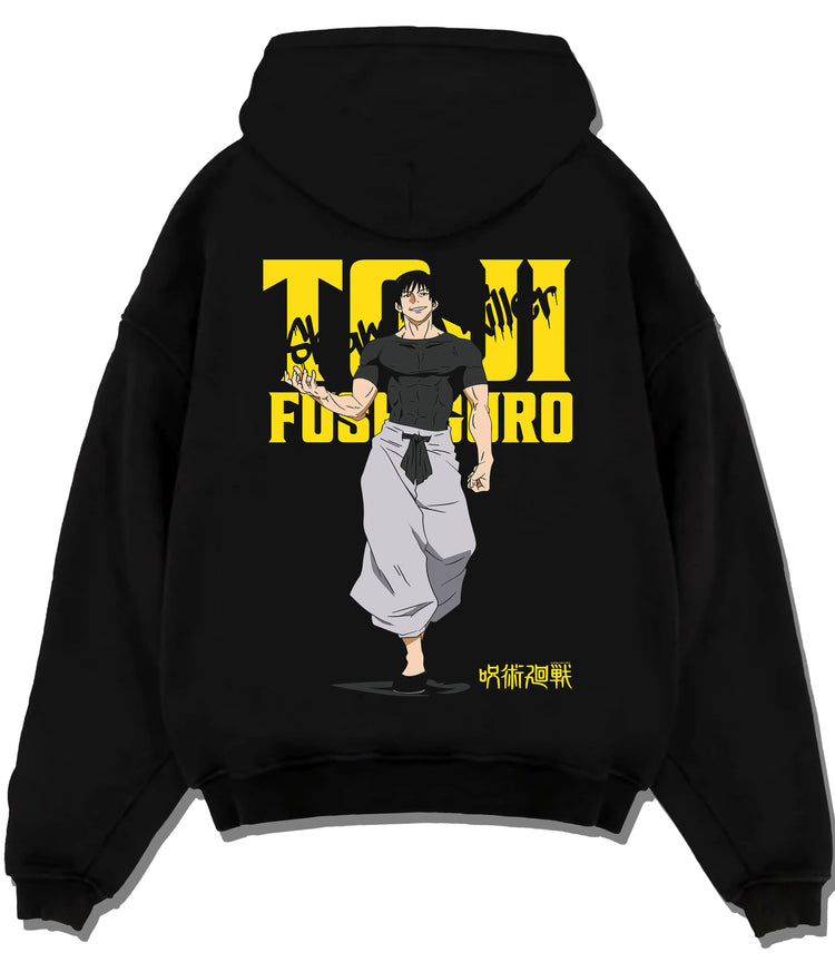Black hoodie flat back view showing Toji Fushiguro from Jujutsu Kaisen: yellow title poster