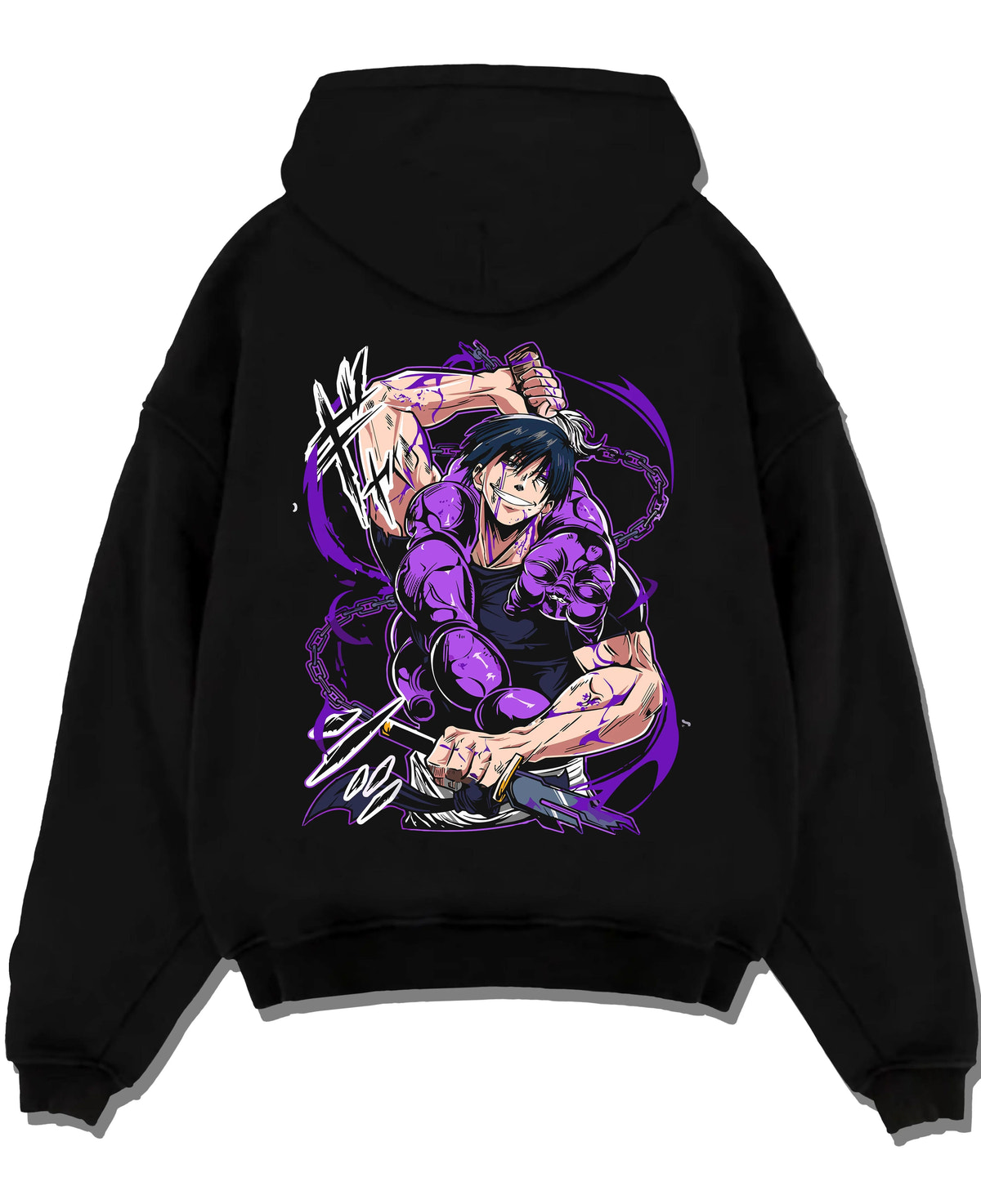 Black hoodie laid flat featuring Toji Fushiguro purple aura battle Jujutsu Kaisen artwork.