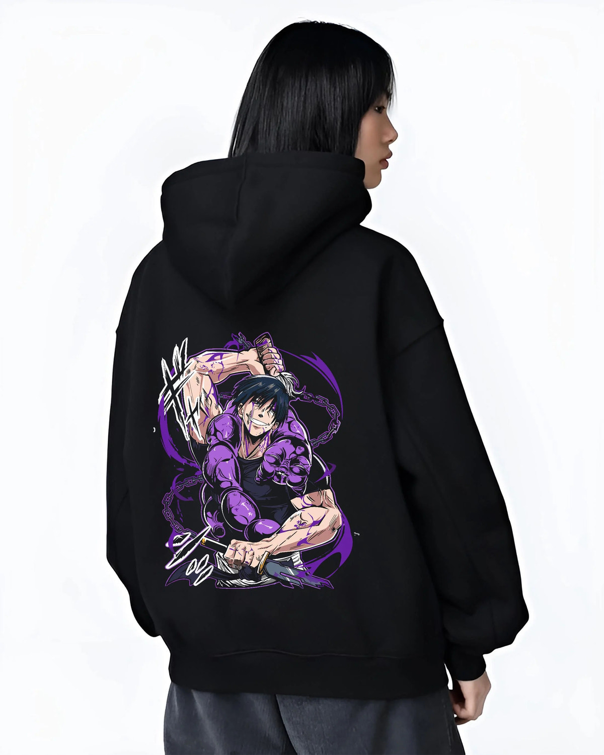 Black hoodie worn by female model from the back featuring Toji Fushiguro purple aura battle Jujutsu Kaisen artwork.