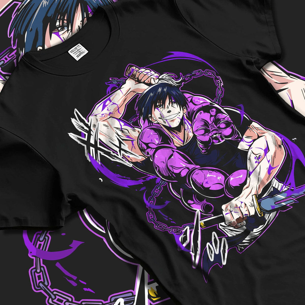 Black T-shirt laid flat with natural folds featuring Toji Fushiguro purple aura battle Jujutsu Kaisen artwork.