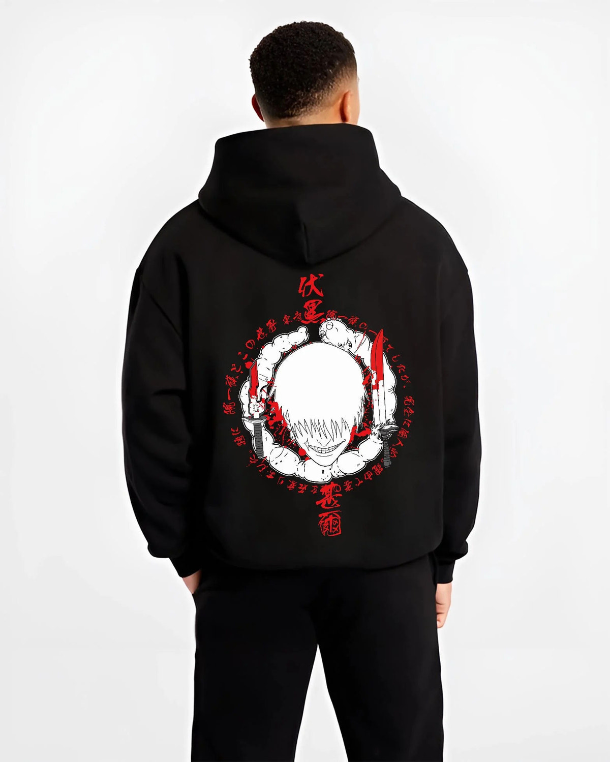 Black hoodie worn by male model from the back featuring Toji Fushiguro red Sorcerer Killer portrait Jujutsu Kaisen artwork.