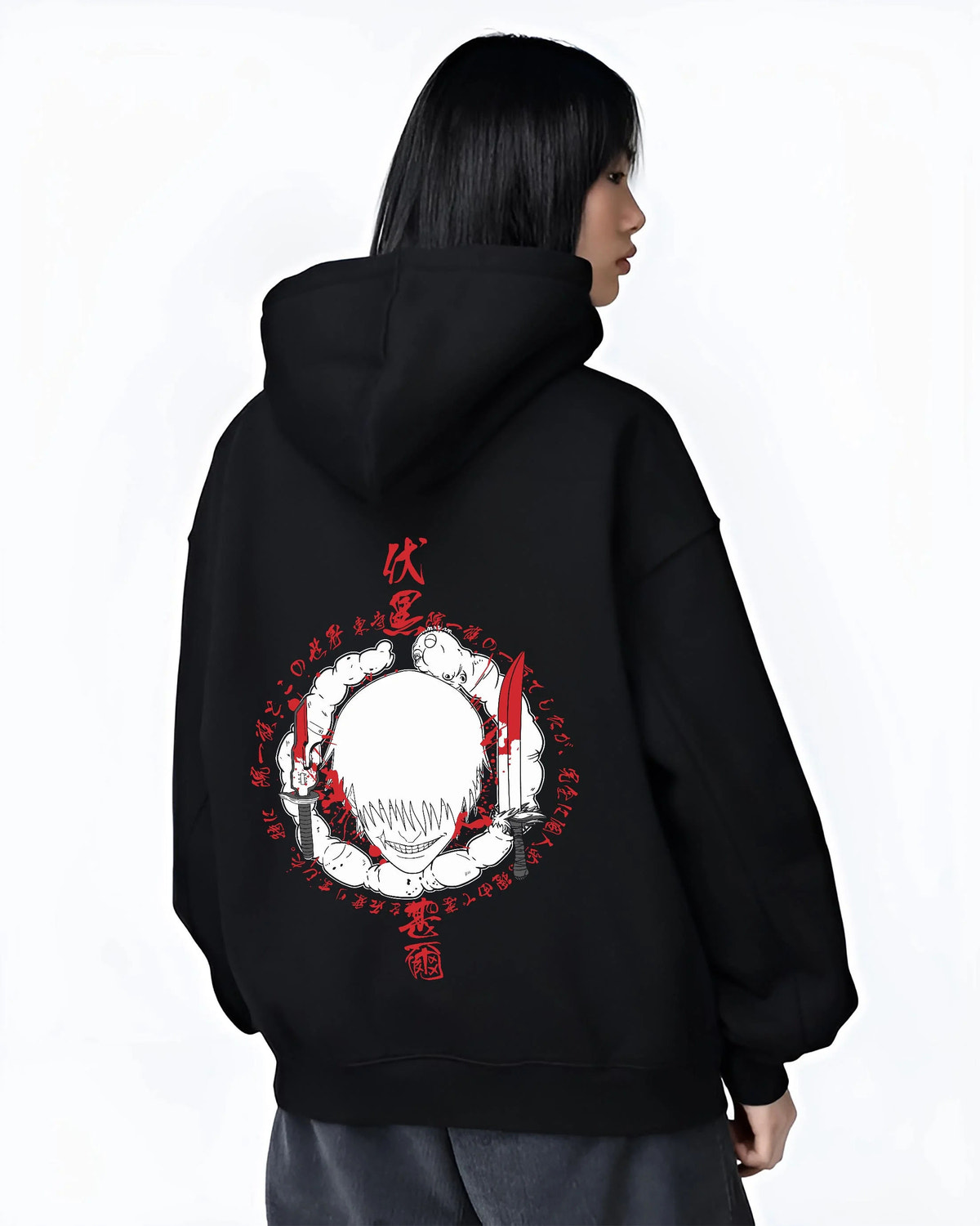 Black hoodie worn by female model from the back featuring Toji Fushiguro red Sorcerer Killer portrait Jujutsu Kaisen artwork.