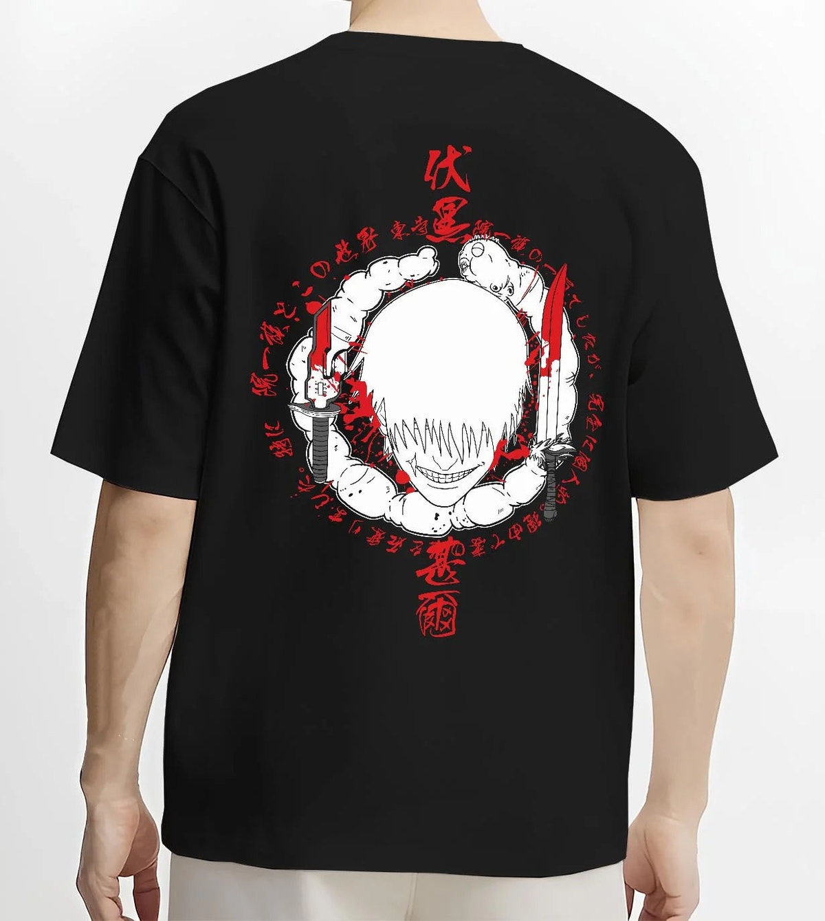 Black T-shirt worn by male model from the back featuring Toji Fushiguro red Sorcerer Killer portrait Jujutsu Kaisen artwork.
