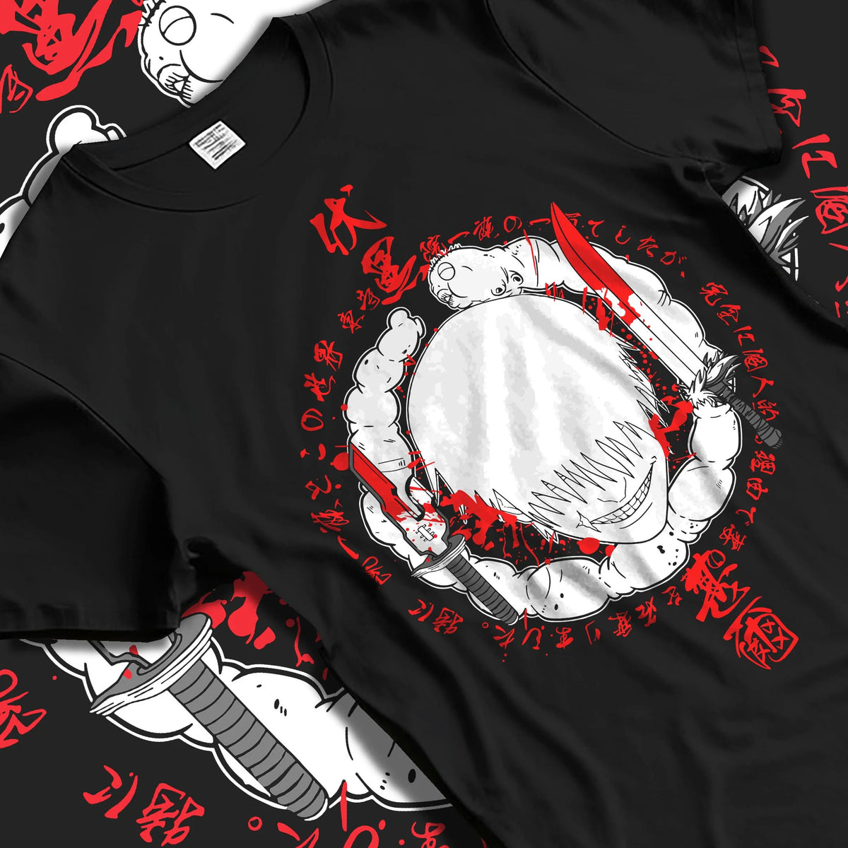 Black T-shirt laid flat with natural folds featuring Toji Fushiguro red Sorcerer Killer portrait Jujutsu Kaisen artwork.