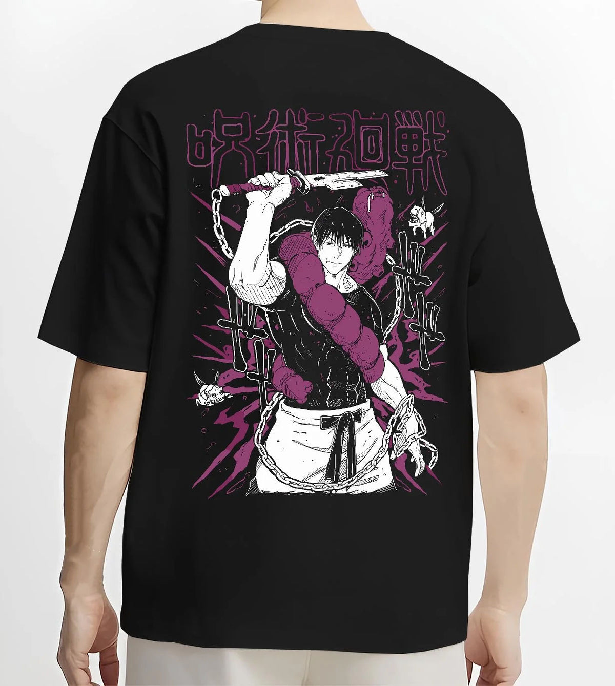 Black T-shirt worn by male model from the back featuring Toji Fushiguro white shirt battle Jujutsu Kaisen artwork.