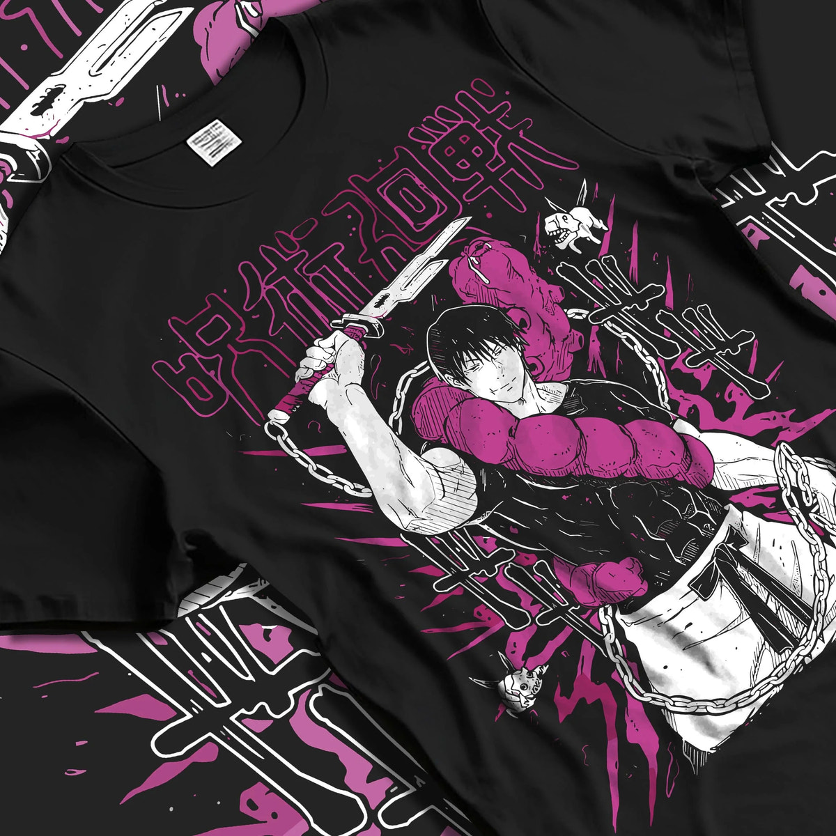 Black T-shirt laid flat with natural folds featuring Toji Fushiguro white shirt battle Jujutsu Kaisen artwork.