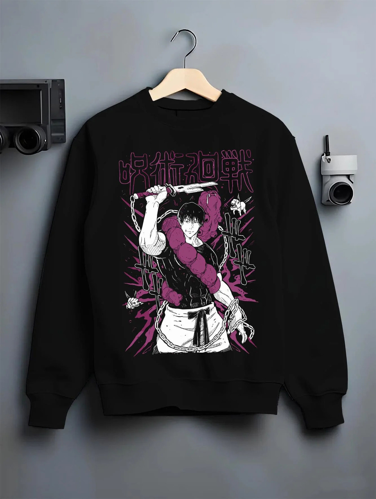 Black crewneck sweatshirt on hanger featuring Toji Fushiguro white shirt battle Jujutsu Kaisen artwork.