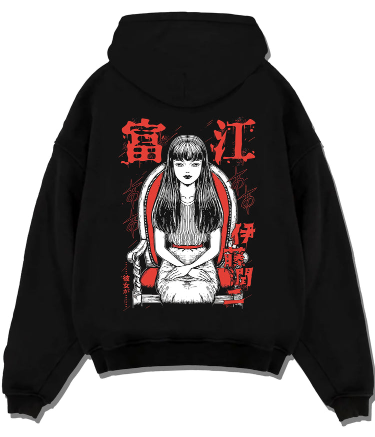 Black hoodie flat back view showing Tomie Kawakami from Junji Ito: horror manga long-haired girl