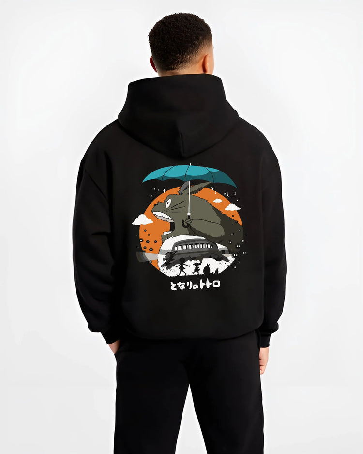 Black hoodie model back view with Totoro with umbrella and woodland house from My Neighbor Totoro / Studio Ghibli